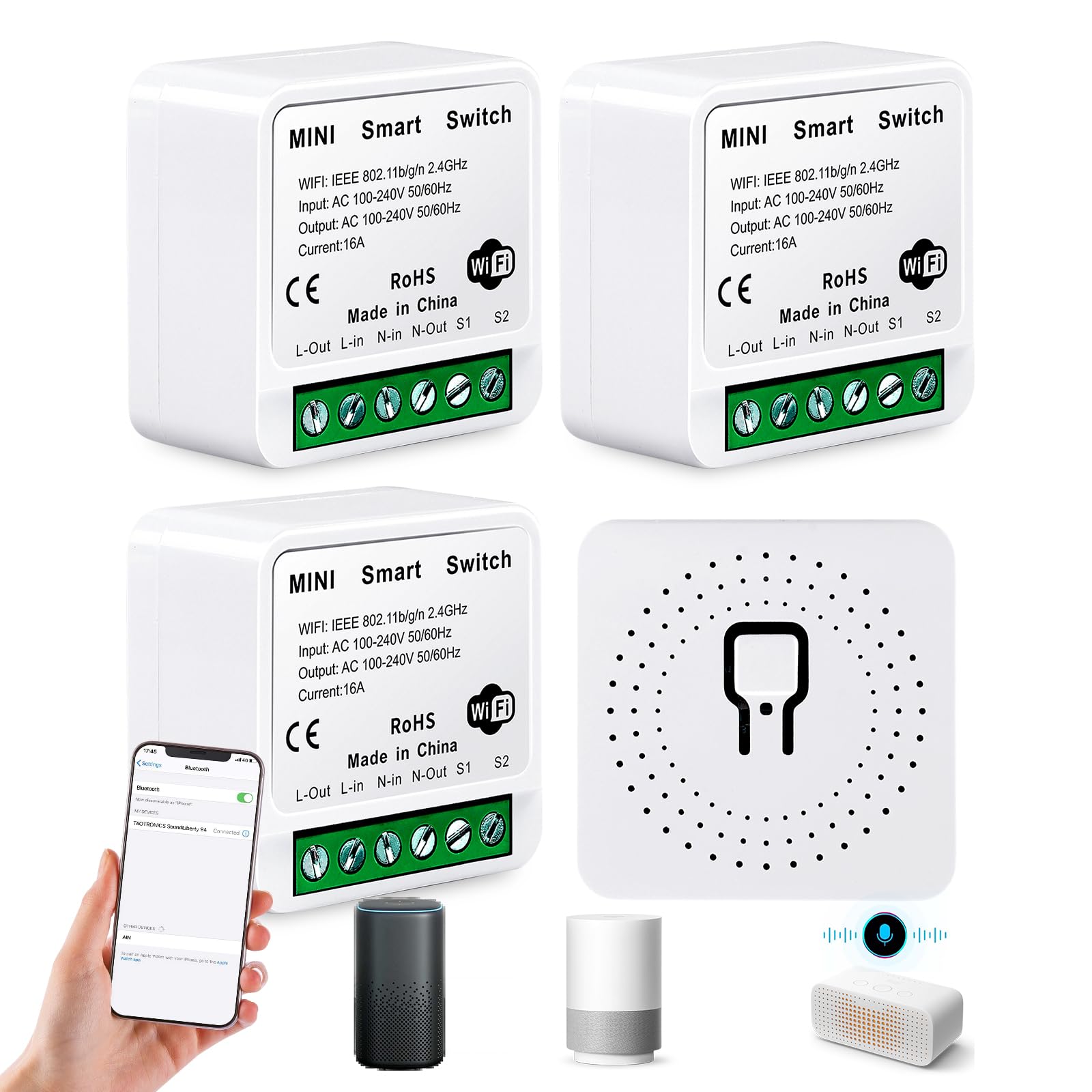 4 módulos de interruptor de luz inteligente, wifi mini interruptor DIY para encaja detrás del interruptor de pared, interruptor inteligente de 2 vías, compatible con Alexa Echo y Google Home, Smart