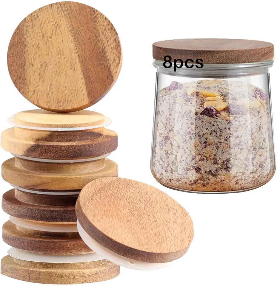 Kit Com 8 Tampas De Bambu Potes De Iogurte Oui, Tampas Oui - Madeira De Bambu Natural Com Anéis De Vedação De Silicone E Etiqueta Garrafa De Iogurte Oui, Para Potes De Iogurte Oui De 148Ml