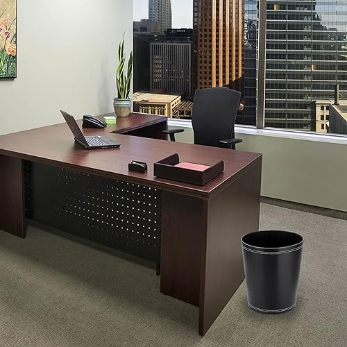 Miniatura 2 de Sumnacon Cesta de basura redonda de cuero, pequeño bote de basura clásico de poliuretano debajo del armario del escritorio, papelera contemporánea