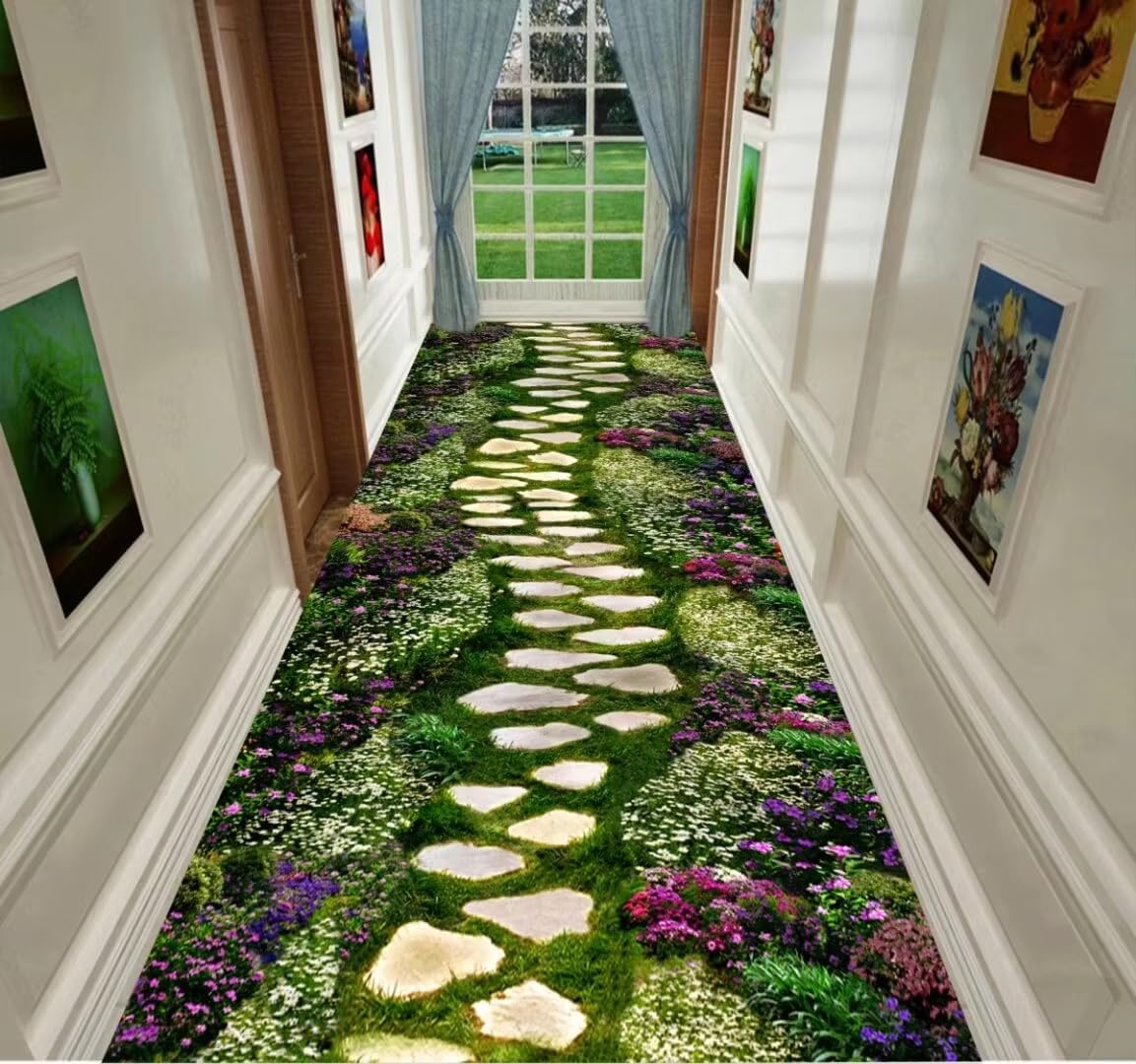 Tapis de couloir vert 80x190 cm antidérapant et lavable pour entrée chic