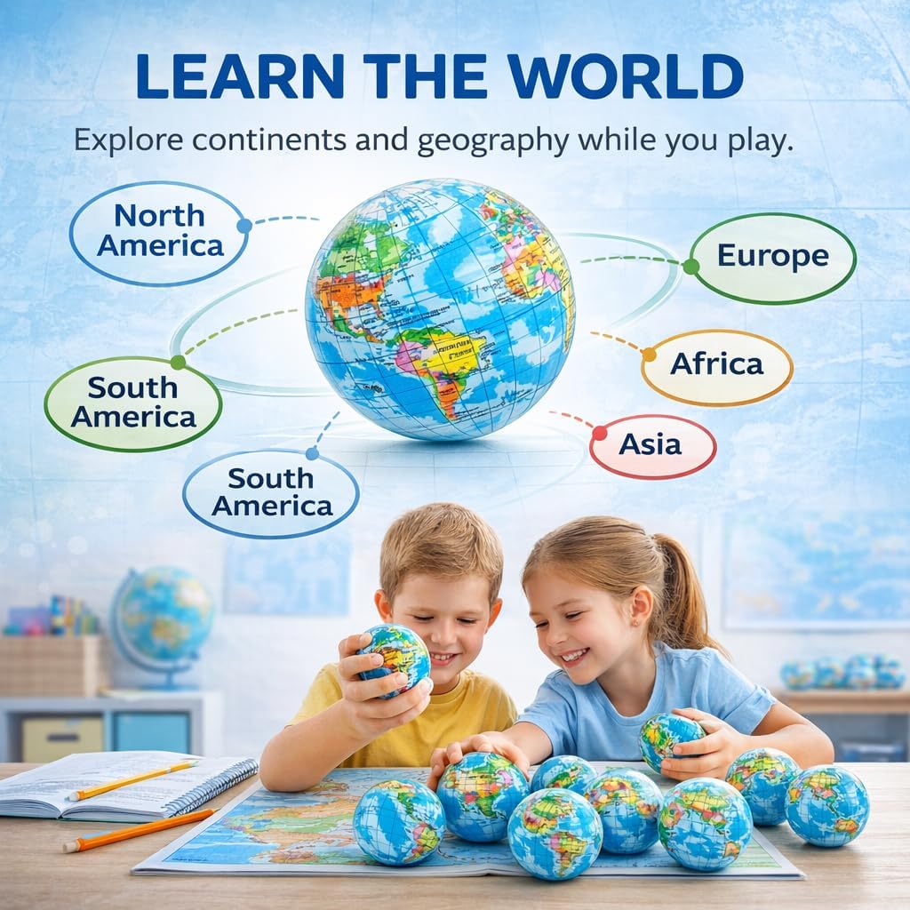 24 Pack - Globe Mini Soft Foam Earth Squeeze Balls, 2.5" Squeezable World Toy Stress Relief Bulk Educational Novelties for Kids, School, Classroom, Party Favors, Rewards