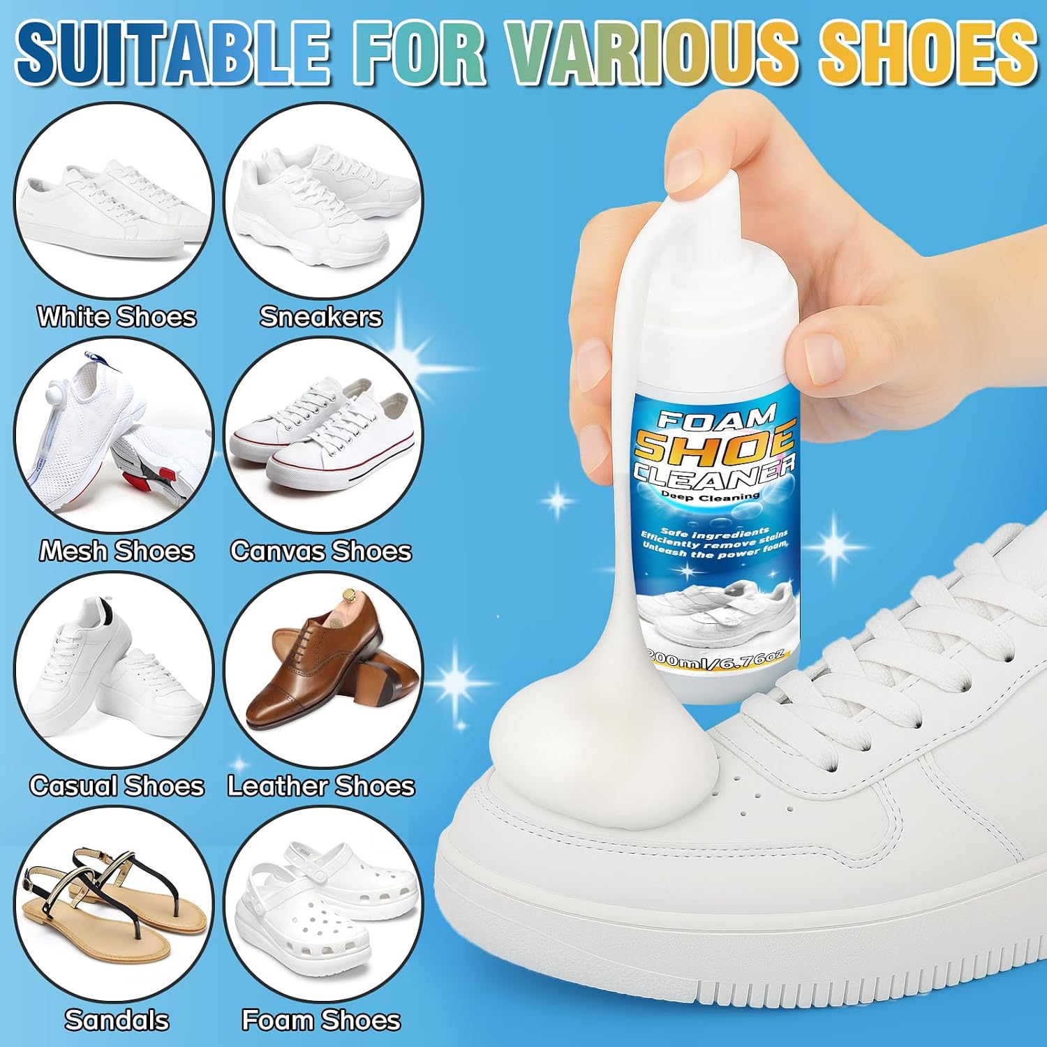 Shoe Cleaner, Deep Cleaning Sole Sneaker Cleaner, Shoe Cleaning Kit with Brush and Towel , White Shoe Cleaner for Sneakers, Tennis Shoes, Leather, Canvas, Rubber, Removes Dirt, Stains, 6.76 oz