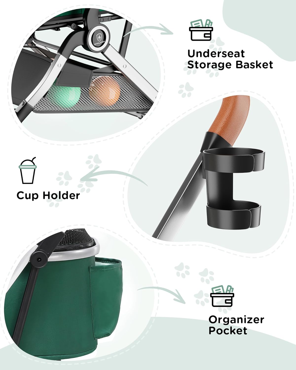 GTPLAYER Pet Stroller for Dogs & Cats, 3-in-1 Foldable Pet Strollers with Detachable Carrier, 360° Swivel Front Wheels & Rear Brakes, Up to 45 lbs, Green