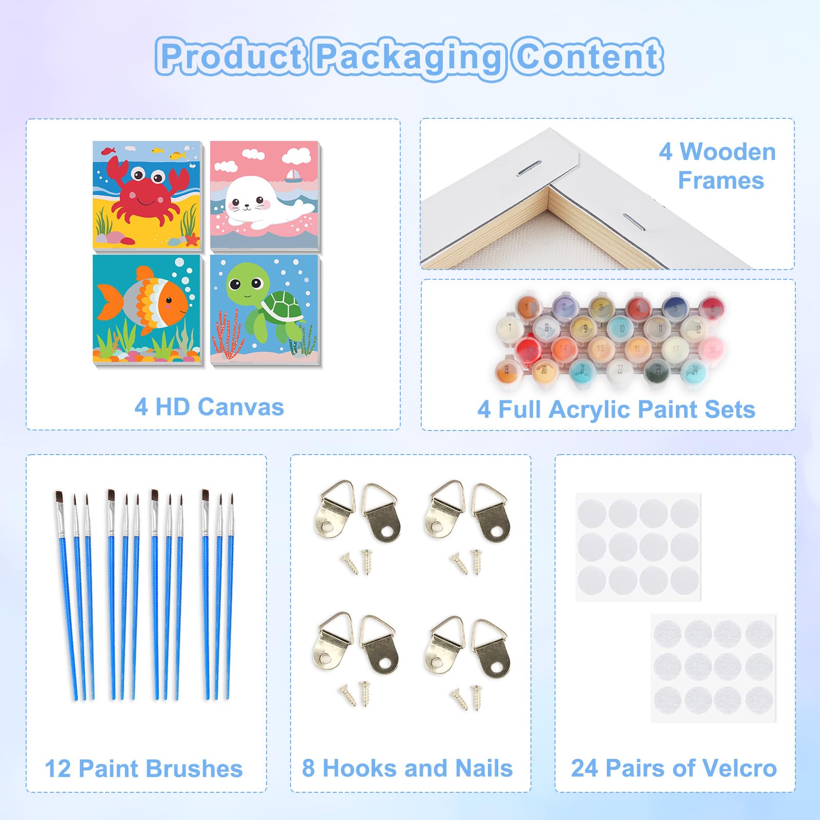 NEWENMO Pack De 4 Pintura Por Números Para Niños – Lienzos De 20x20 Cm Con Marco, Pinceles Y Pinturas Acrílicas, Decoración Y Manualidad