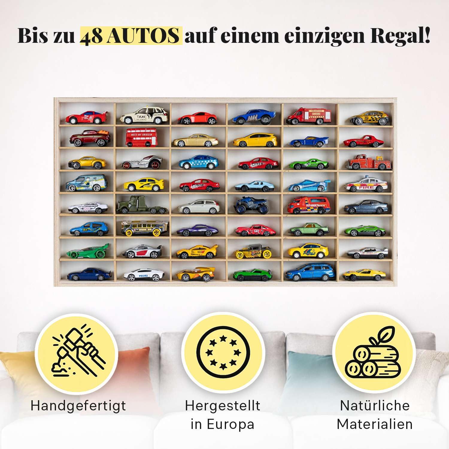 ArtTwist Modellauto Vitrine | Hot Wheels Aufbewahrung zu 48 Fächen | Sammlervitrine Hängend 59cm x 32,5cm x 4cm