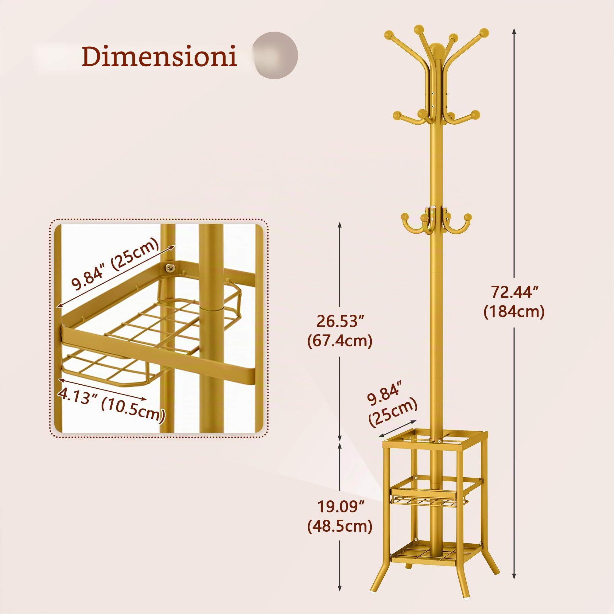 FAVOOSTY Appendiabiti con Portaombrelli, Appendiabiti con 12 Ganci, Supporto per Giacche, in Piedi, per Soggiorno, Camera da Letto (Oro)
