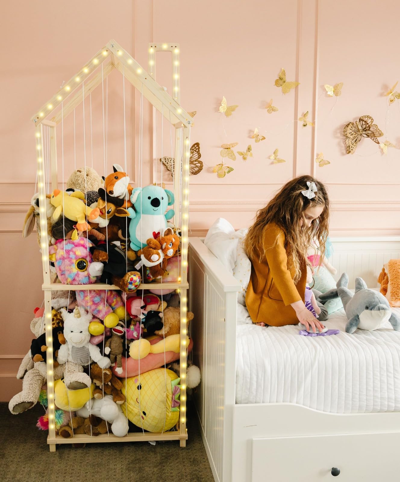 PUTSKA Extra Large Stuffed Animal Storage Zoo with LED Lights - Wooden Stuffed Animal Holder and Organizer, Stuffy & Plushies Storage, Space-Saving Plush Toy Holder for Nursery, Playroom or Kids Room