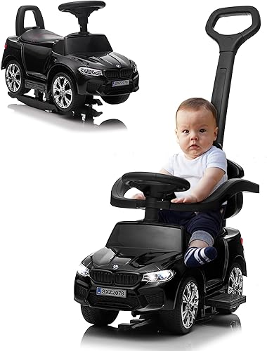 HOLLICY Auto de empuje para niños, con licencia BMW M5 4 en 1 con pedal de empuje para bebé, auto deslizante de pie a piso con barra de empuje,