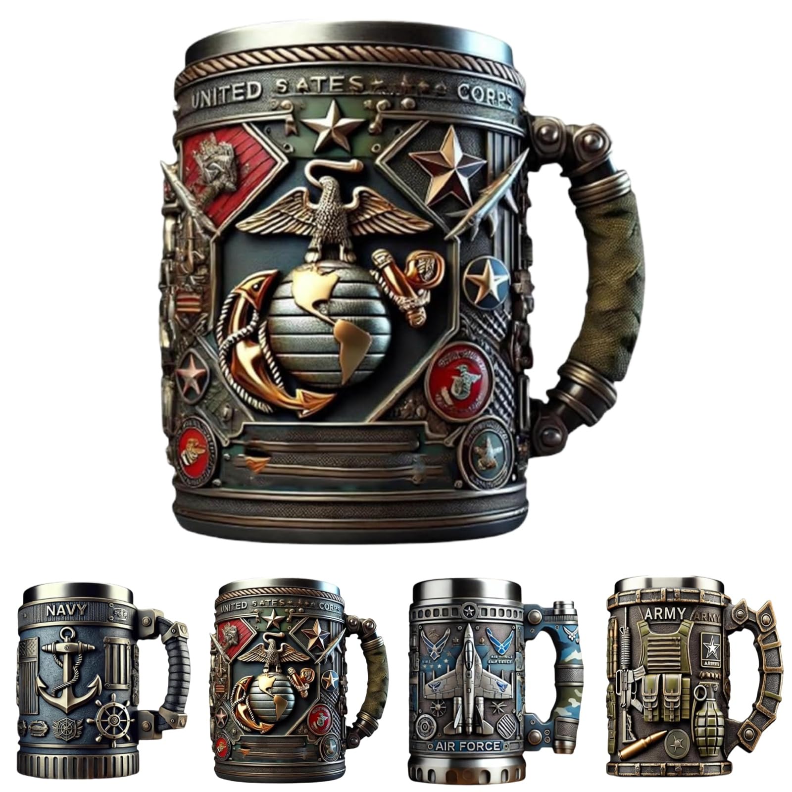 Military 3D Mug, Handmade Army Themed Coffee Mug with Stainless Steel Liner, Beautiful Army Style Tankard for Men & Soldiers, Unique Veteran Tribute Gift,10 Oz, Resin & Metal (Style-D)
