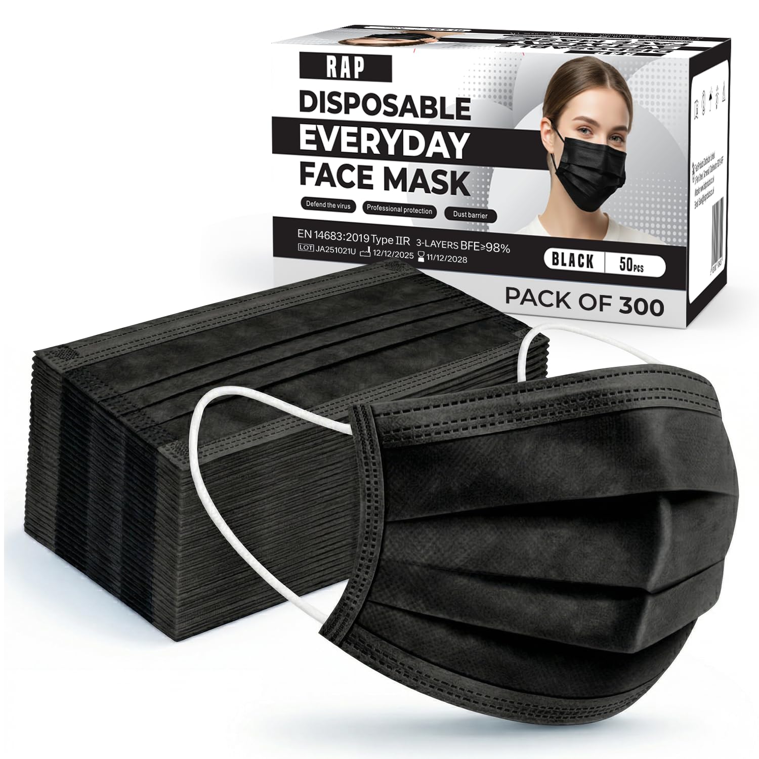 Black Disposable Face Masks Breathable 3-Layer Procedure Masks 6 Boxes 50pcs in each box Bulk Pack of 300pcs with Elastic Ear Loops Lightweight Daily Use Face Covers for Home, Office, Travel Mask.