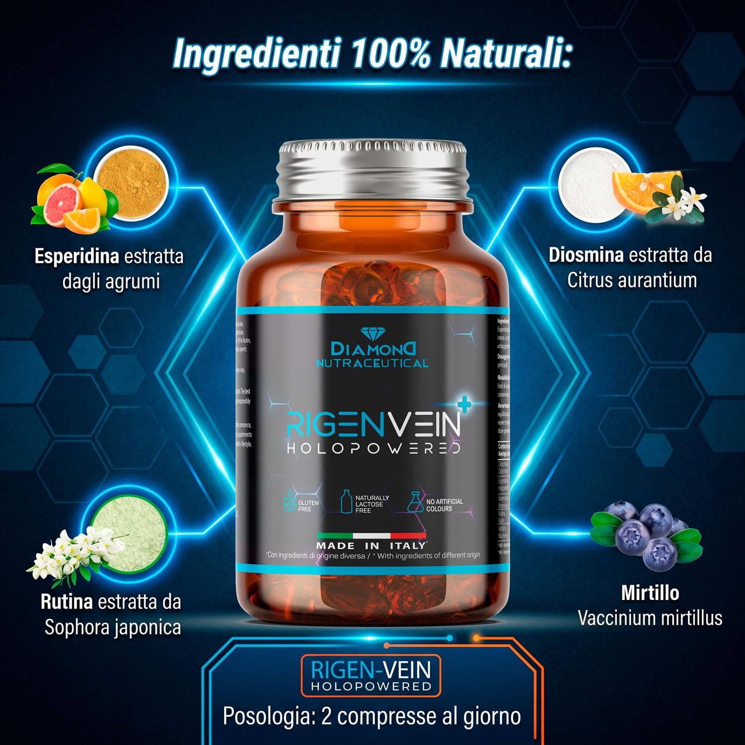 RIGEN-VEIN PLUS Integratore Nutraceutico Potenziato con Diosmina, Bromelina, Esperidina e Mirtillo per Gambe Gonfie, Capillari e Microcircolo - 60 Compresse