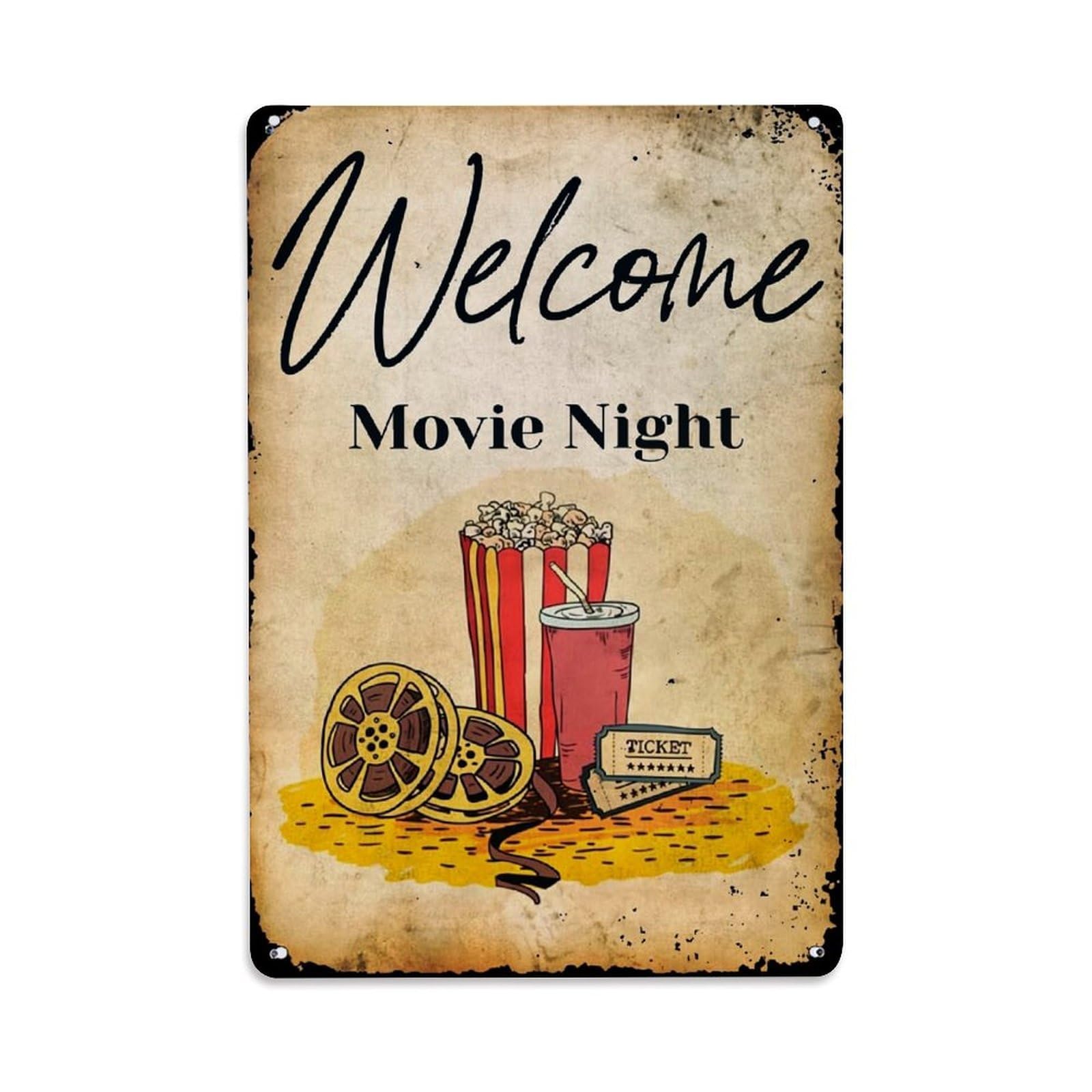 Jdyaojiesheng Vintage Welcome Movie Night Popcorn Drink Ticket Film Reel Tin Sign Retro Metal Wall Decor Metal Poster, Home Bar Garage Farmhouse Cafe Wall Art Decoration 8X12inches