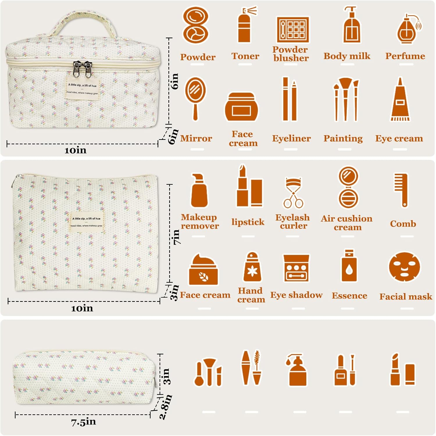 Quilted Makeup Bag, Large Floral Cosmetic Bag for Women, Cute Cotton Makeup Bag, Flower Travel Toiletry Organizer Bag (Flower) - Image 3