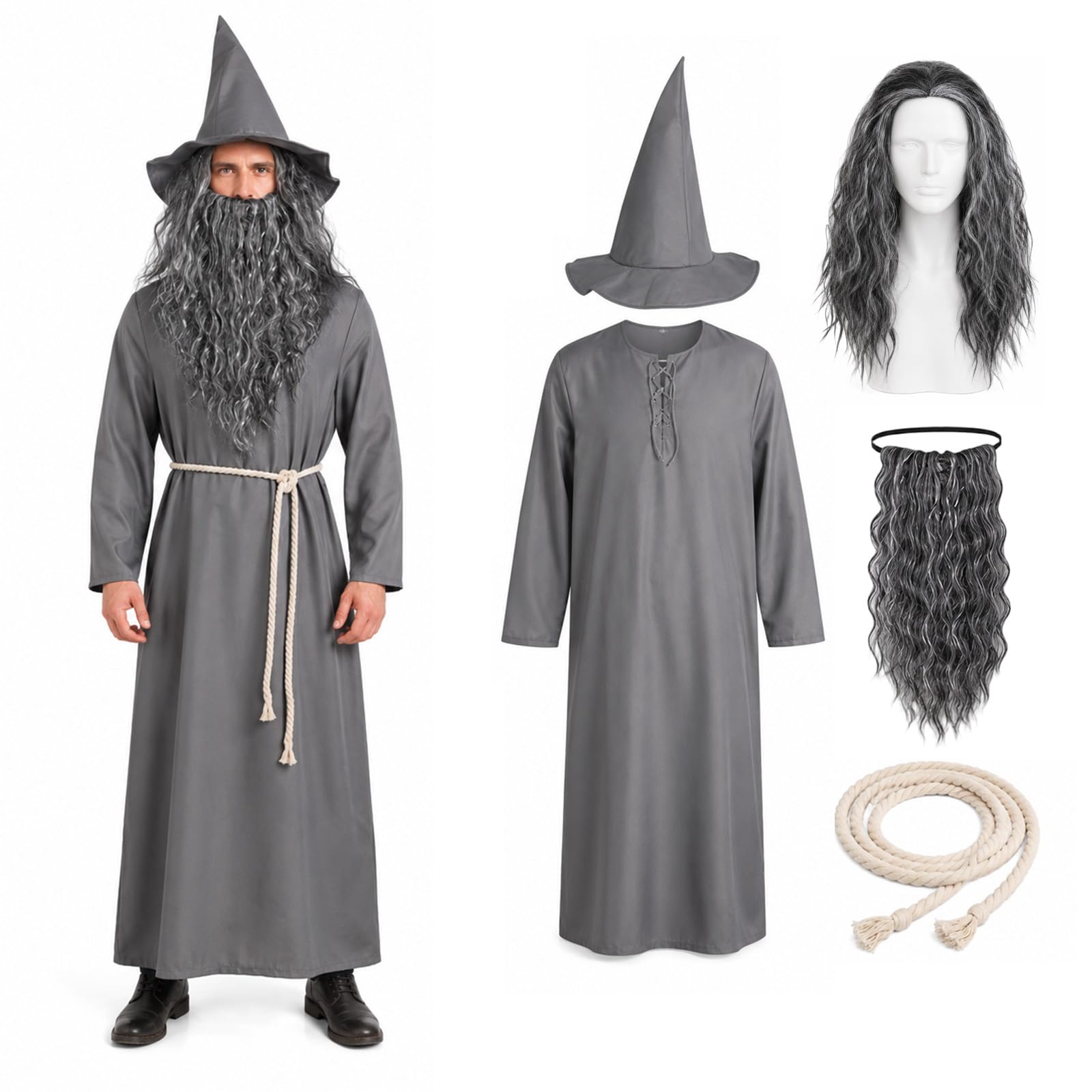 Costume da mago grigio, per adulti, per Halloween, 5 pezzi