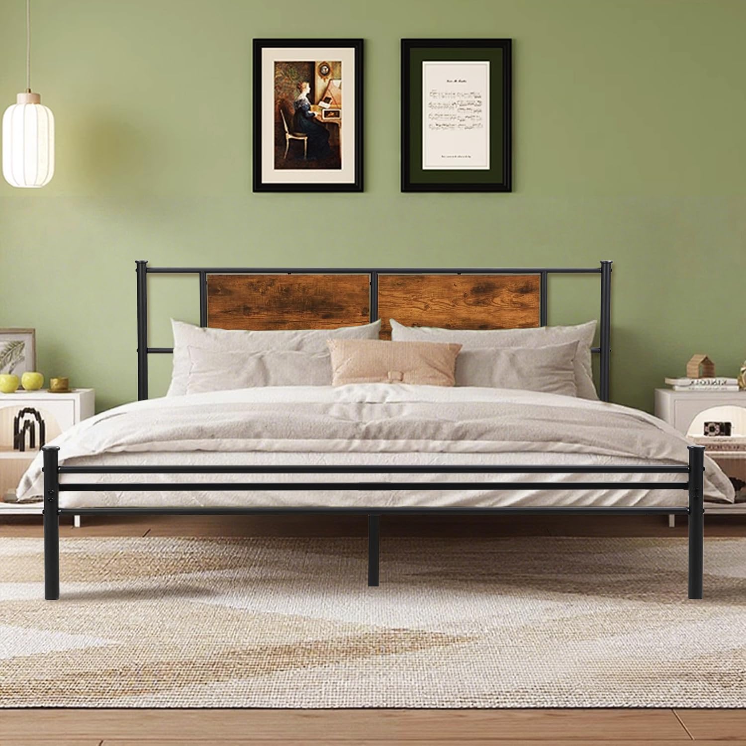 King Size Bed Frames Metal Platform Bed with Wood Headboard Metal Slats Support Under Bed Storage No Box