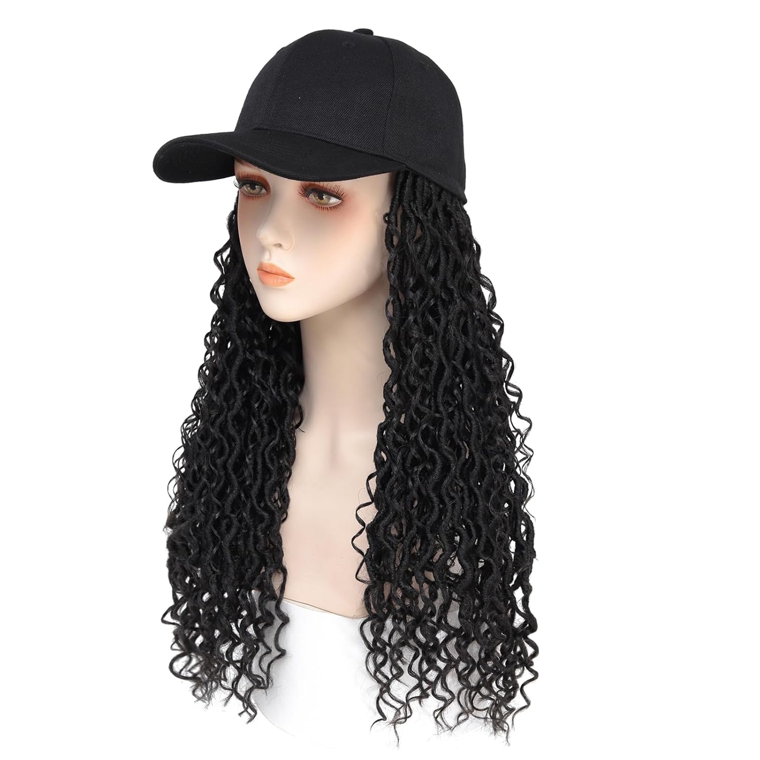 Braided Baseball Cap Wig Faux Locs Curly Braid Hair Extensions with Hat Black Color Synthetic Cap Wig with 18inch Long Locs Braiding Hair wig for Women (18inch 1B)