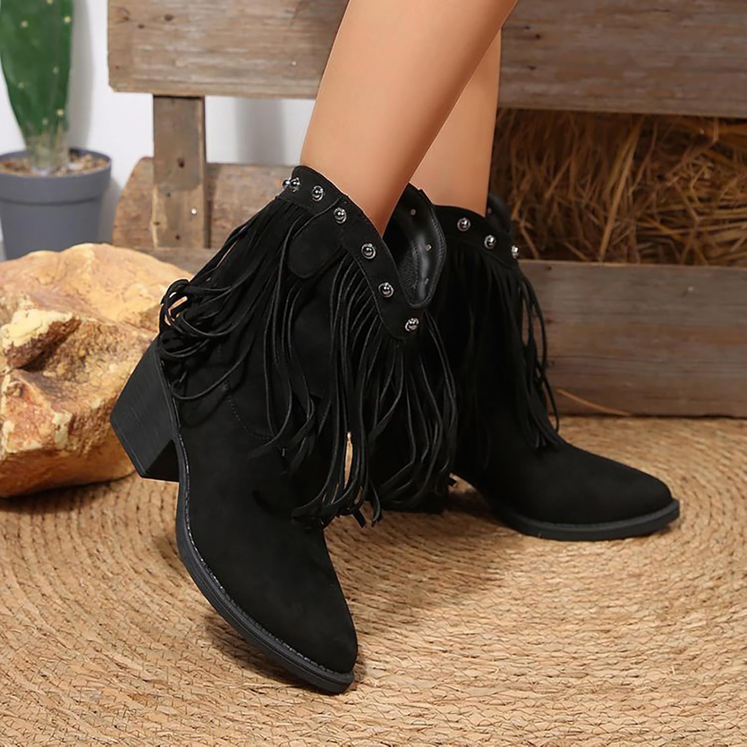 Suede Fringe Western Ankle Boots for Women Retro Fashion Studded Pointed Toe Pull-on Stack Chunky Heel Tassel Cowboy Boots for Country Music Prom Dress Short Booties - Image 3