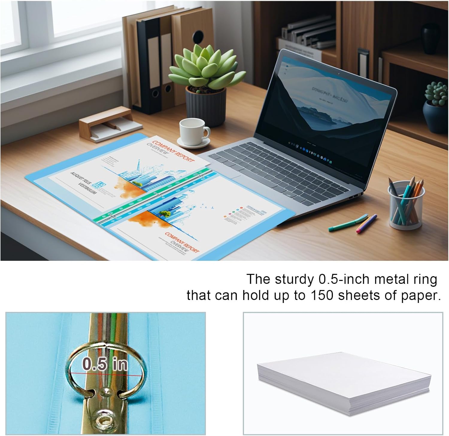 0.5 Inch 3 Ring Binder, Round Ring,with 2 Interior Pockets,Holds 150 Sheets Letter Size Paper,PVC Free, Assorted Colors 6 Pack