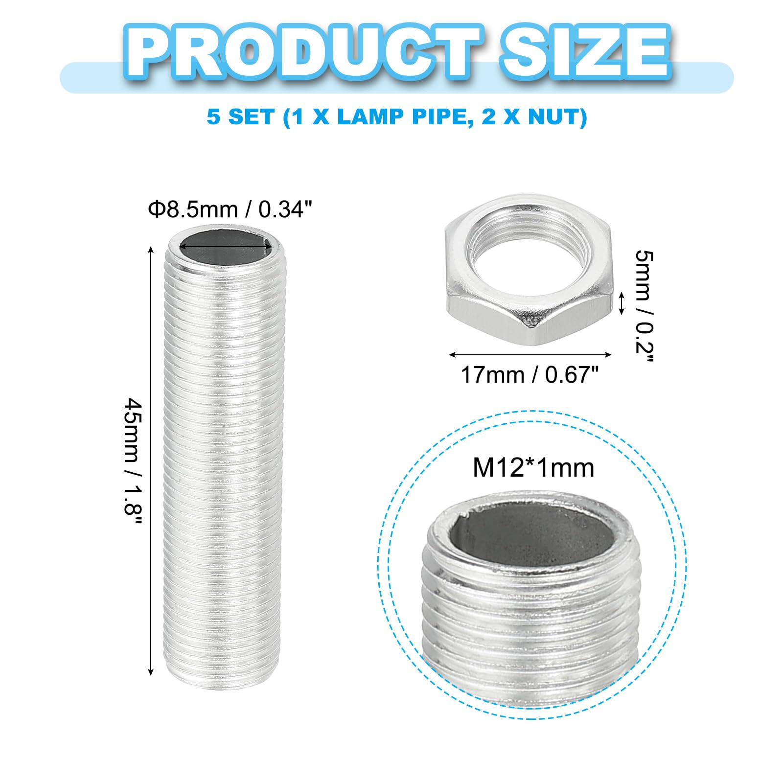 PATIKIL M12 Thread 45mm/1.8" Lamp Pipe Kit with Lock Nuts - Image 2