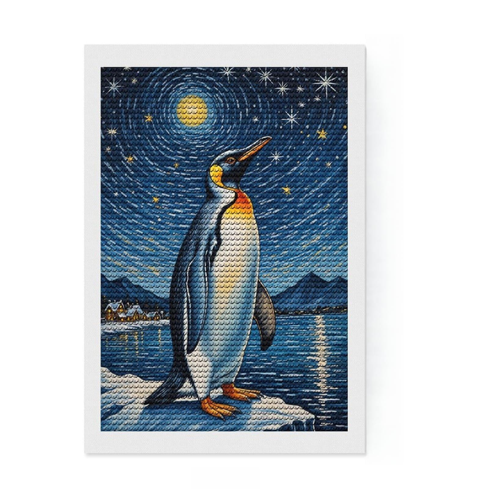 Junmoney Penguin Under Starry Sky Diamond Painting Canvas Set 8"x12", Enjoyable At-Home Hobby, Adhesive Canvas, Cosy Home Accent, Christmas Gift