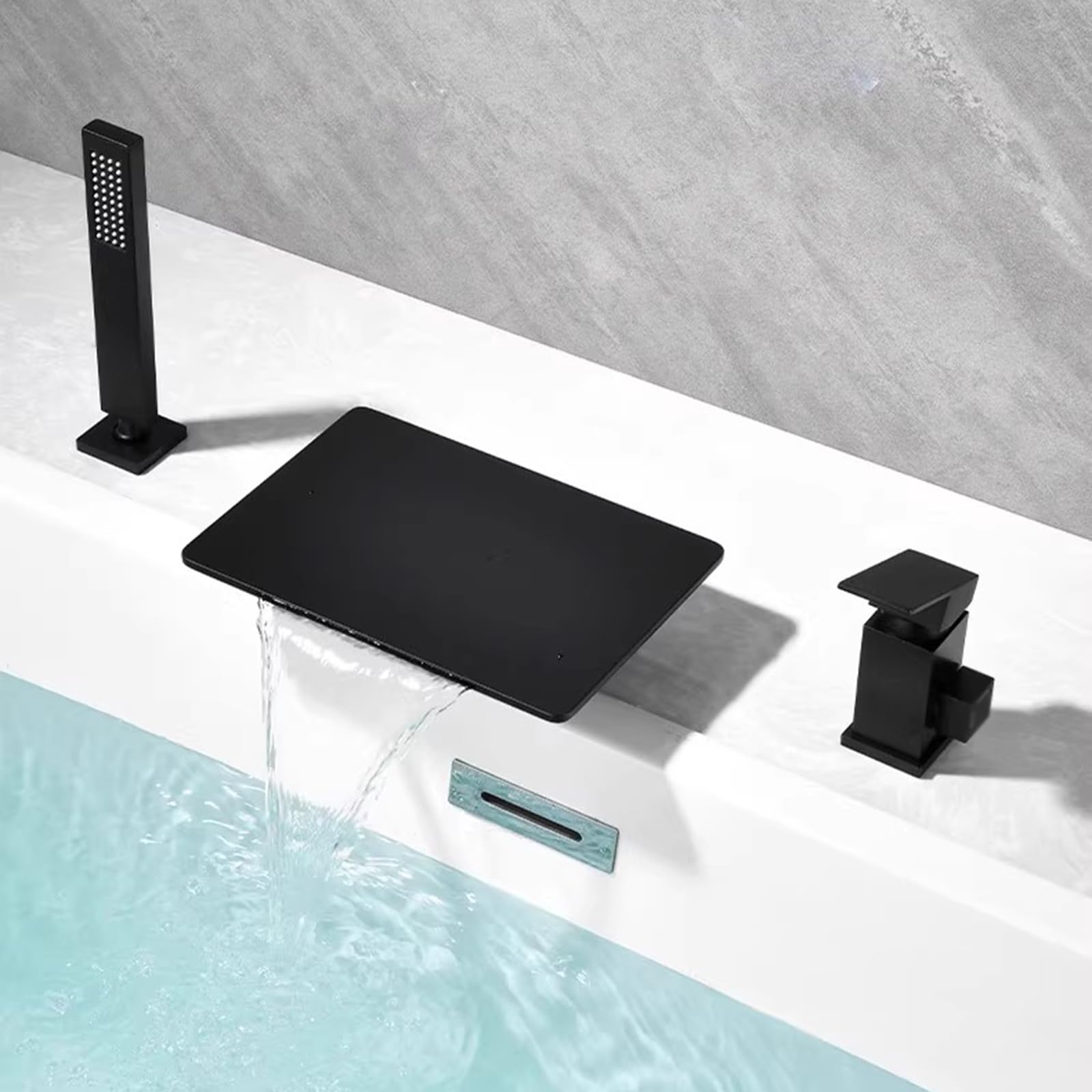 Grifo Mezclador de Ducha Y Bañera de 3 Orificios con Cascada de Ducha Latón Grifos de Agua Fría Y Caliente Tipo Cascada Juego de Bañera Y Lavabo Negro