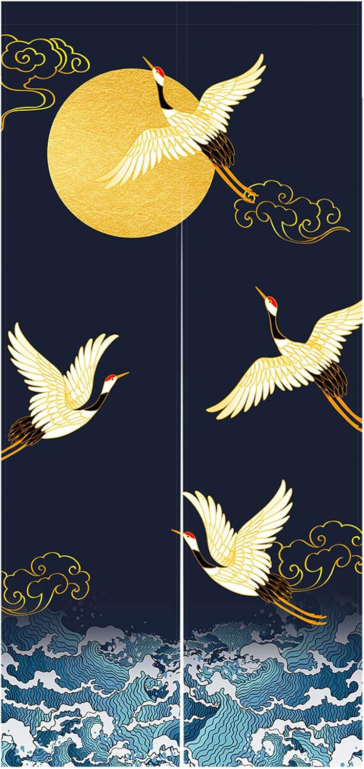 LIGICKY Noren Doorway Curtain Japanese Style Cranes Waves Gold Full Moon Printed Cotton Linen Window Treatment Door Tapestry for Home Decoration 33.5" Width x 70.9" Long, Navy Blue