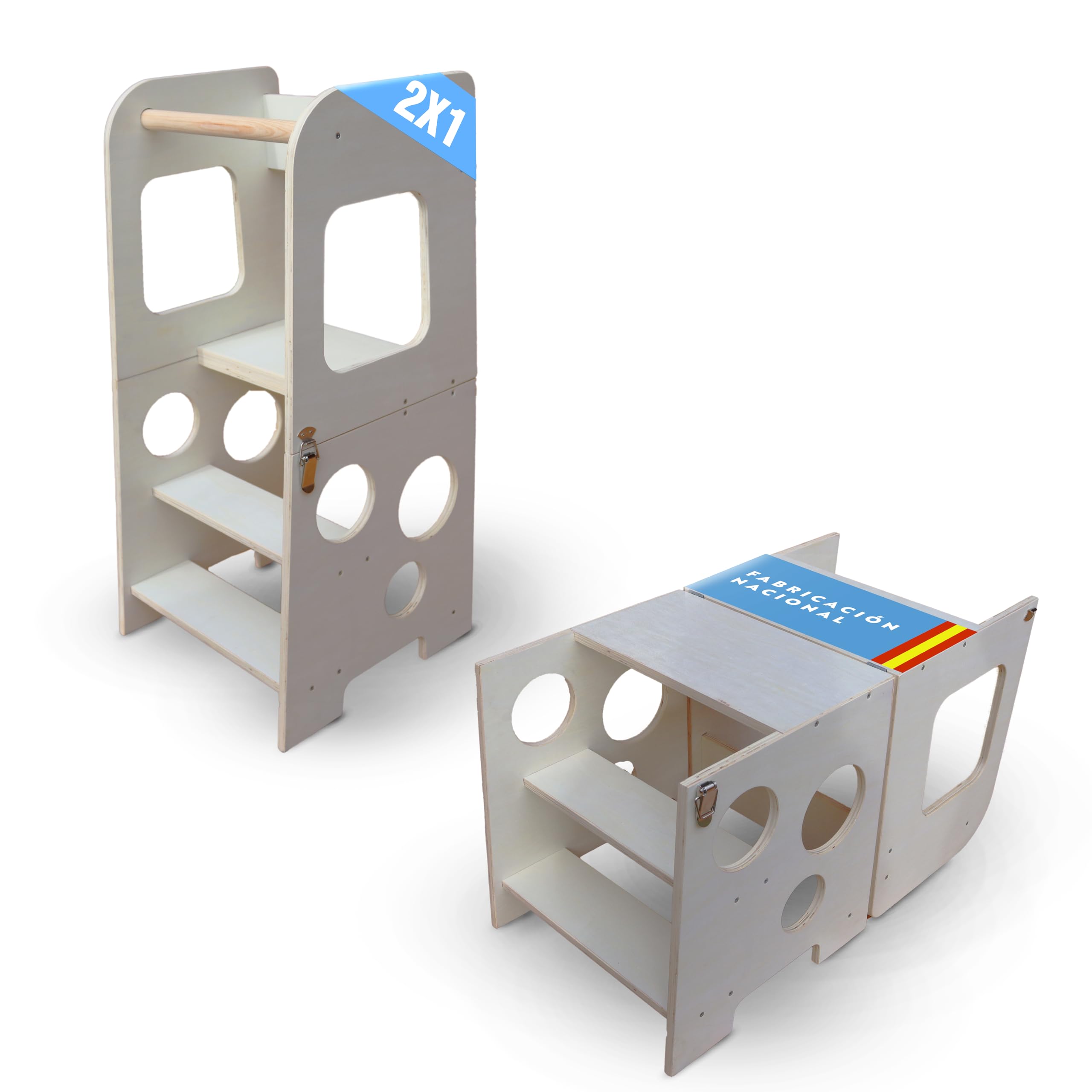 Torre de Aprendizaje Plegable Montessori 2 en 1 - Torre Aprendizaje Multifuncional para Bebés y Niños Convertible en Taburete y Mesa Infantil – Torre Montessori de Madera Natural Fabricada en España