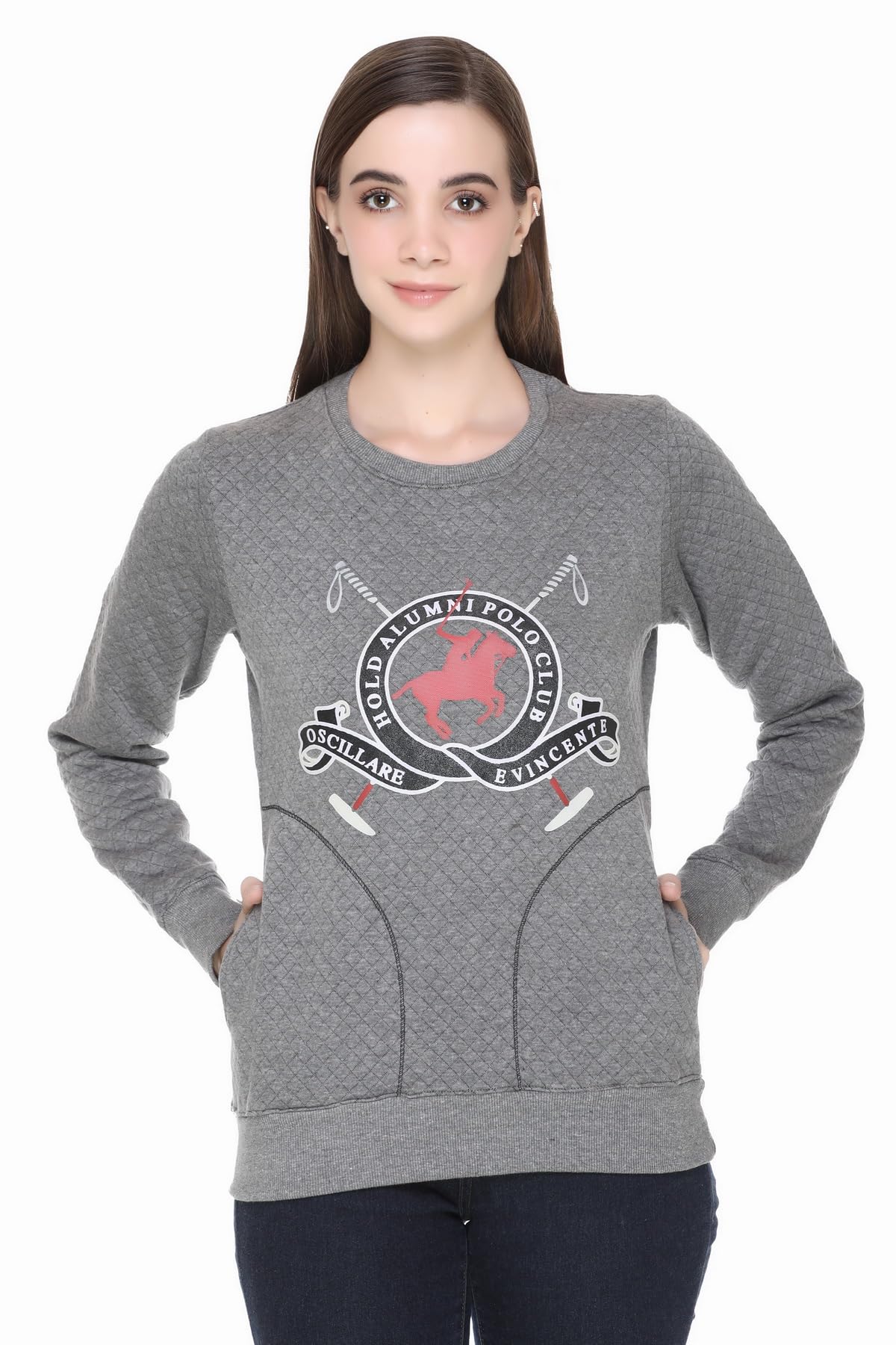 hold Women's Full Sleeve Printed Sweatshirt with Polo Club Logo, Grey, Polycotton Fabric, Round Neck-picture-48