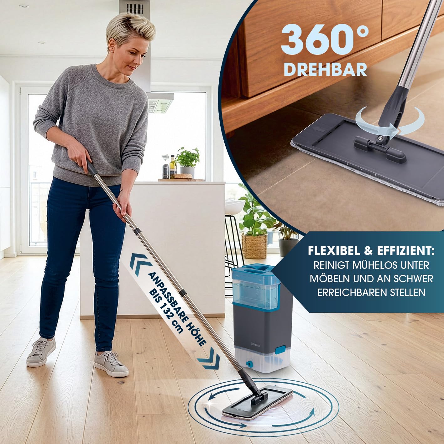 CLEANmaxx Komfort-Mopp DuoTank + Ersatz-Wischpad 2er-Set - Bodenwischer mit abnehmbaren Tanks, Wischmopp mit 100 % hygienisch getrenntem Frisch- & Schmutzwasser | Wash- & Dry-Zonen