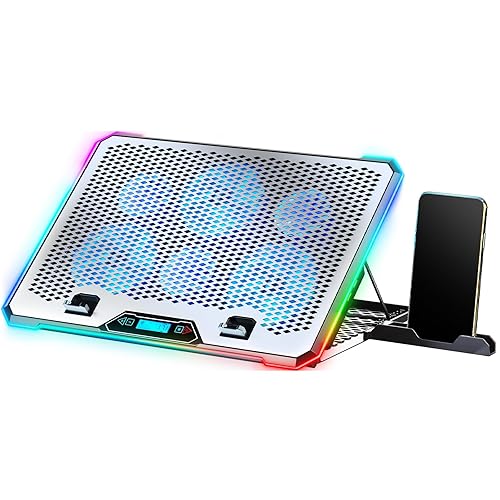 KYOLLY Aluminum Alloy Laptop Cooling Pad,RGB Gaming Laptop Cooler with 6 Quiet Cooling Fans for 15.6-17.3 inch laptops, 9 Height Stand, LCD Screen, 4 USB Ports with 1 3.0HUB 2 2.0HUB, Lap Desk Use - Aluminum Alloy