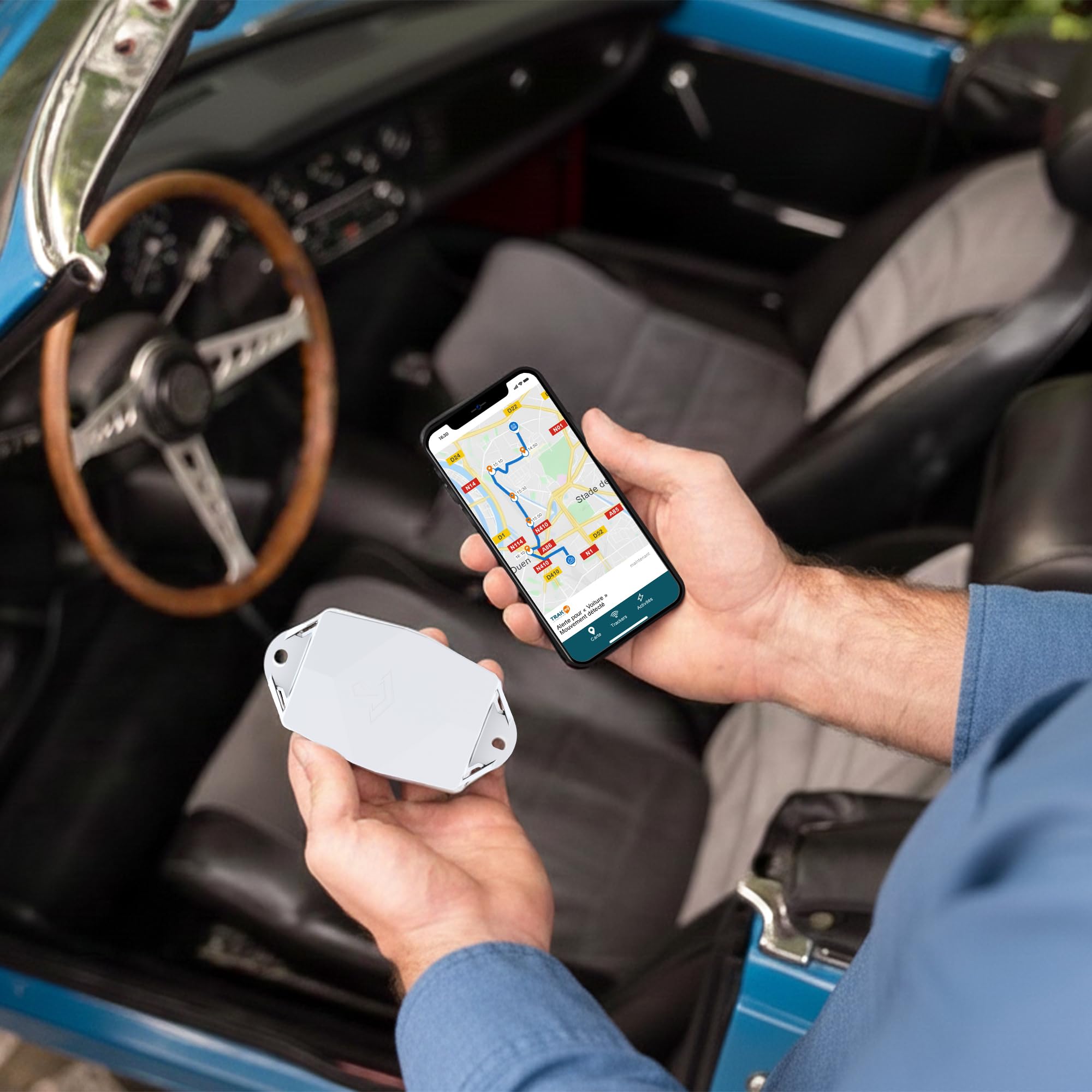 Tracciatore GPS Maxi bianco, per auto e moto, durata 5 anni, monitoraggio discreto, senza ricarica, abbonamento richiesto tramite app, ideale per veicoli, rimorchi, barche, cantieri