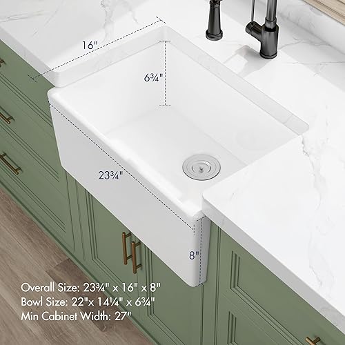 Miniatura 4 de Eridanus Farmhouse - Fregadero de cocina de cerámica de 24 pulgadas, fregadero de bar y preparación con colador de cesta y rejilla inferior, 23-34