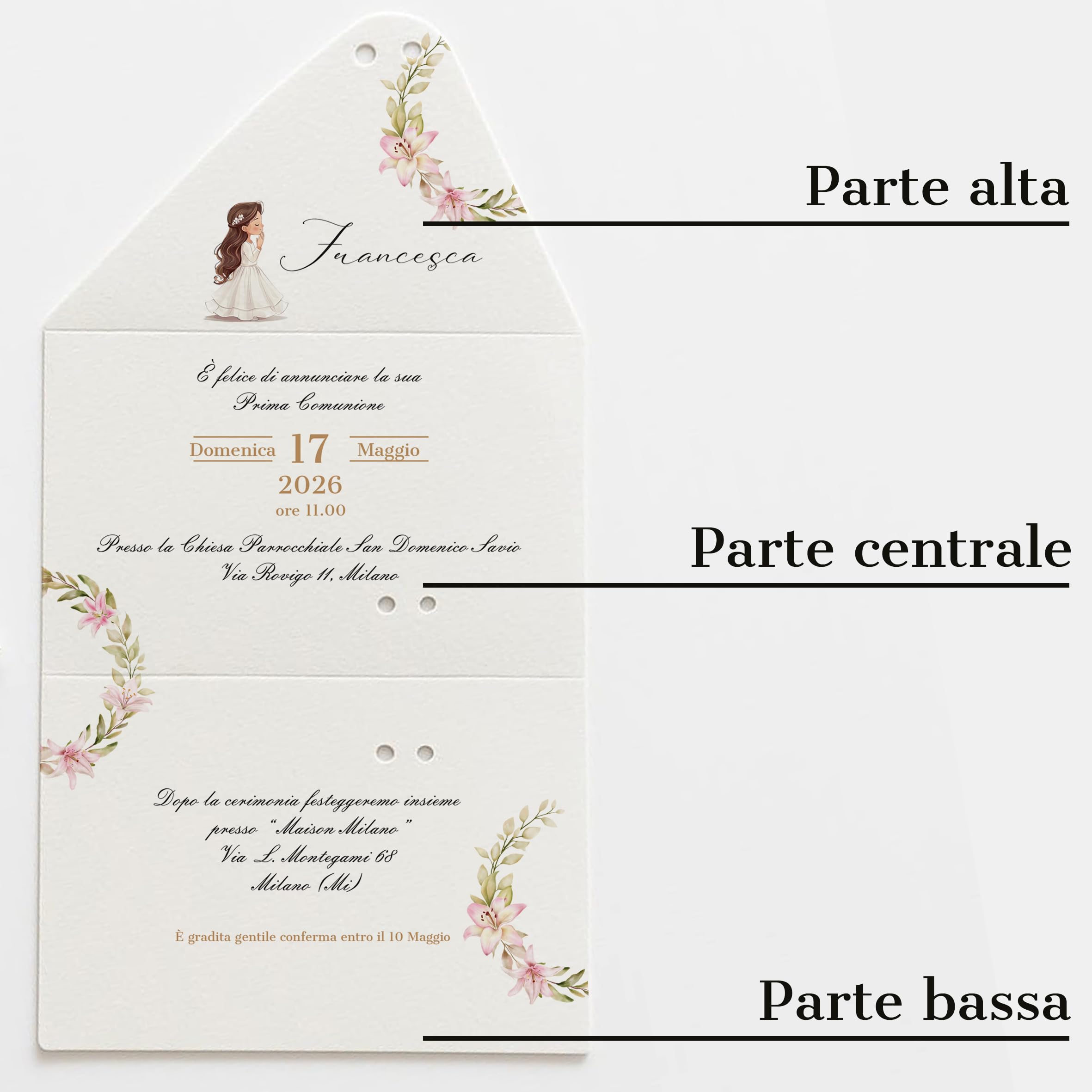 PV Grafik® 15 Inviti Prima Comunione Bambina Personalizzati, Busta con Nastrino, Partecipazione Comunione Bimba, Formato 15x28 cm, Personalizza e scegli la quantità. (C15)
