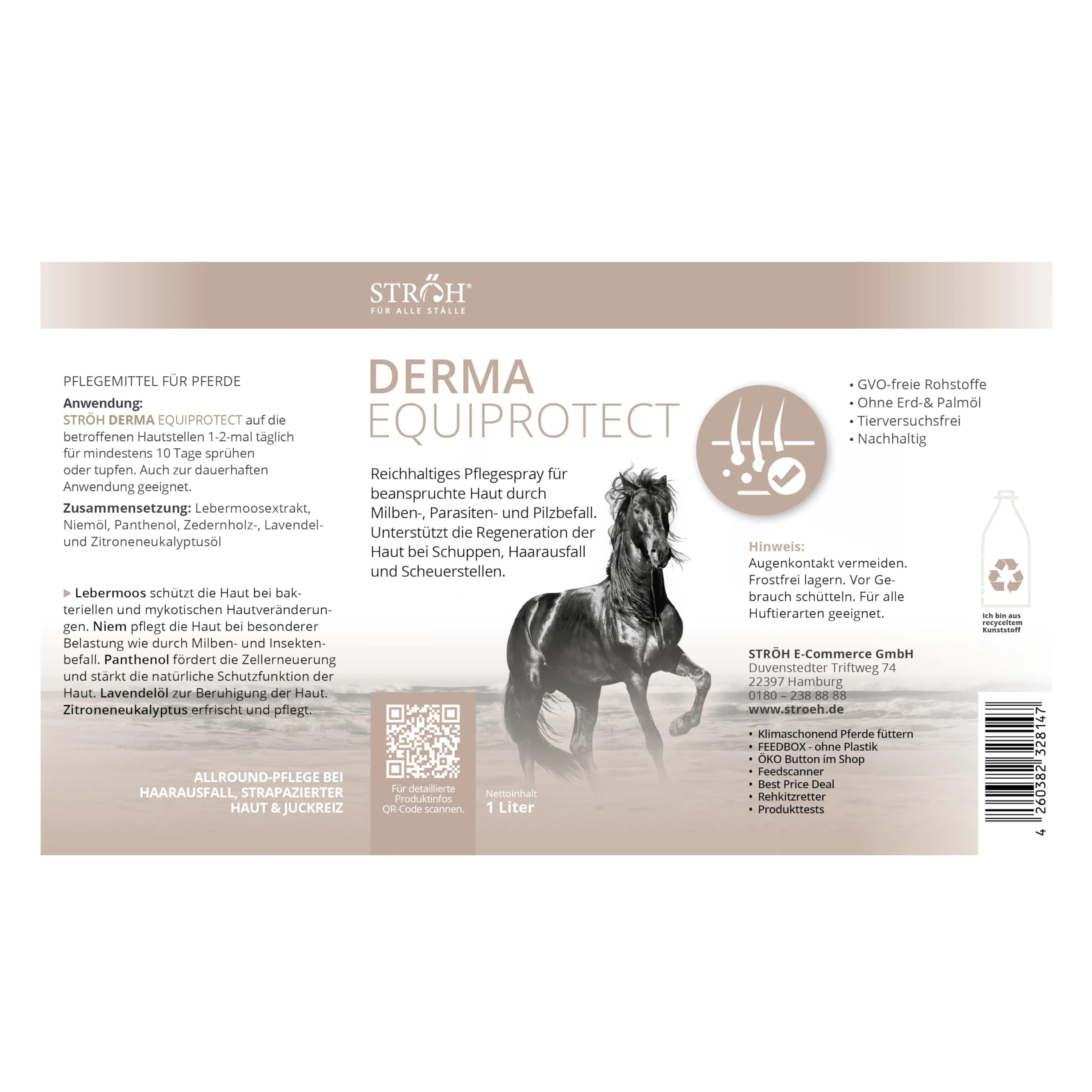 STRÖH Derma EquiProtect (1L) • Anti Juckreiz Spray für Pferde mit Lebermoosextrakt, Niemöl und Lavendelöl • Natürliche Hautpflege bei Ekzem, Mauke, Hautpilz- & Milbenbefall • Ohne Tierversuche