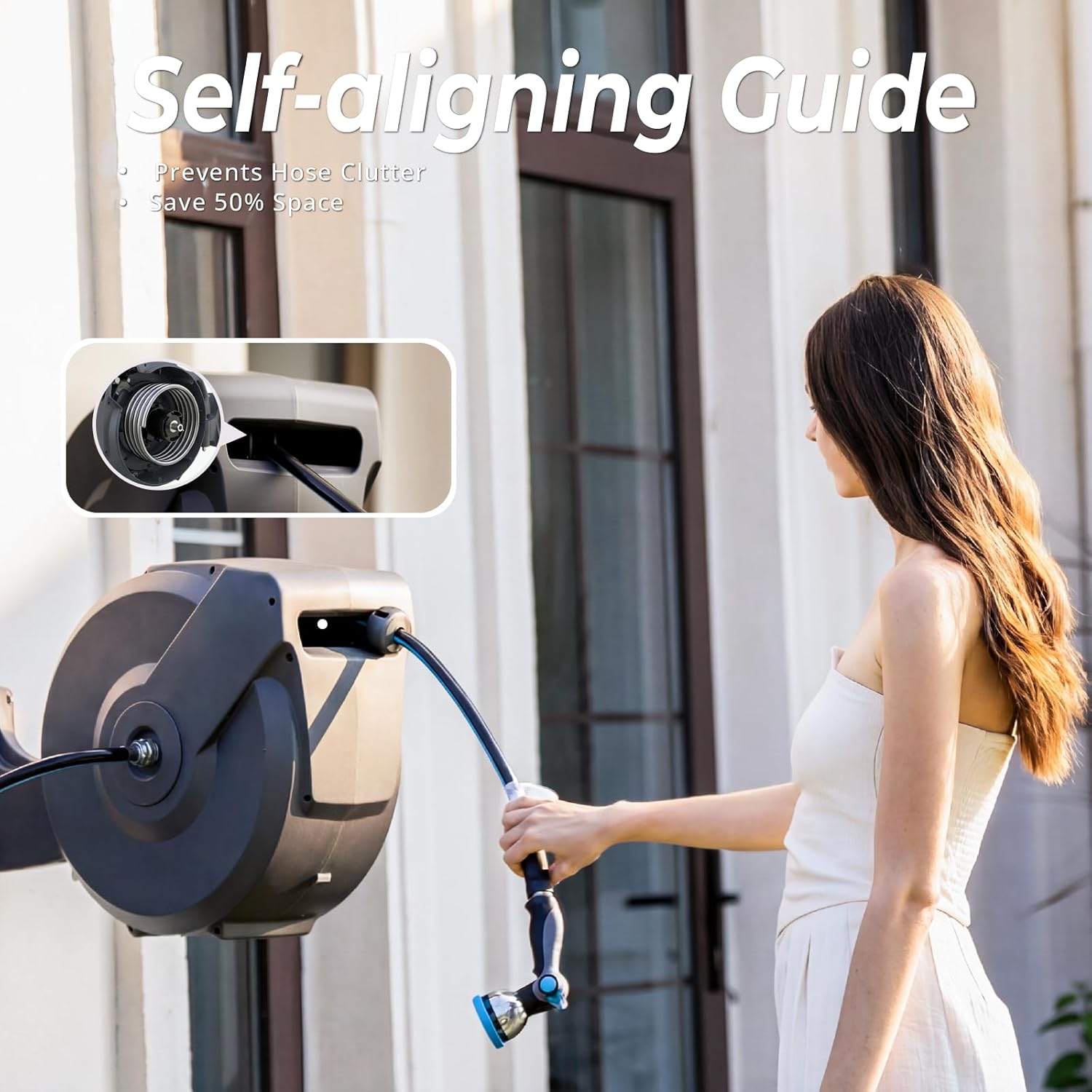 Retractable Garden Hose Reel, 1/2 in x 150 ft Wall Mount Heavy Duty Hose Reel with Any-Length Lock, Auto Rewind System, 180° Swivel Bracket, and 10-Pattern Nozzle for Garden, Dark Grey