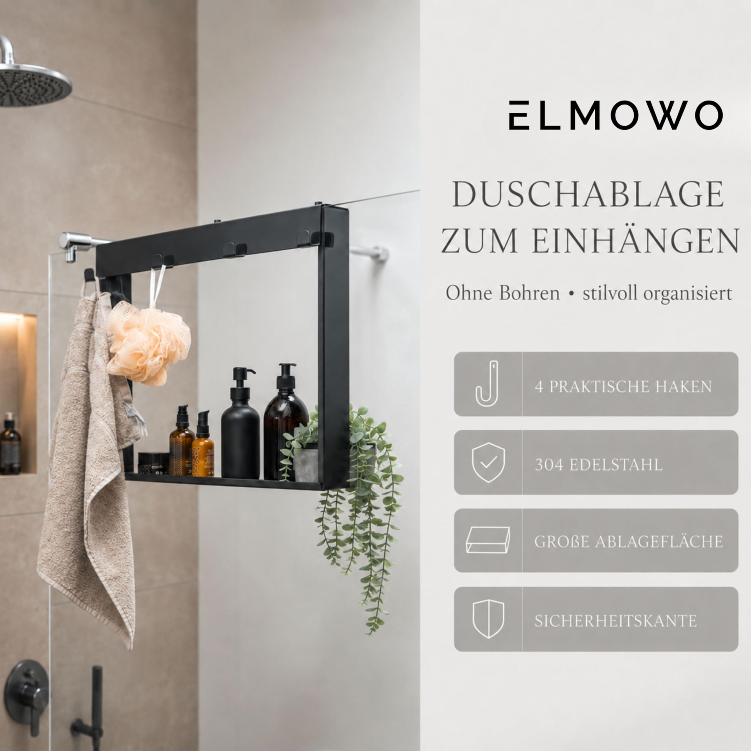 Edelstahl Duschablage zum Hängen ohne Bohren für die Glastür/Glaswand - Duschregal zum Einhängen mit 4 Haken - Regal für Glasduschwand als Duschkorb und Organizer für Badezimmer (schwarz)