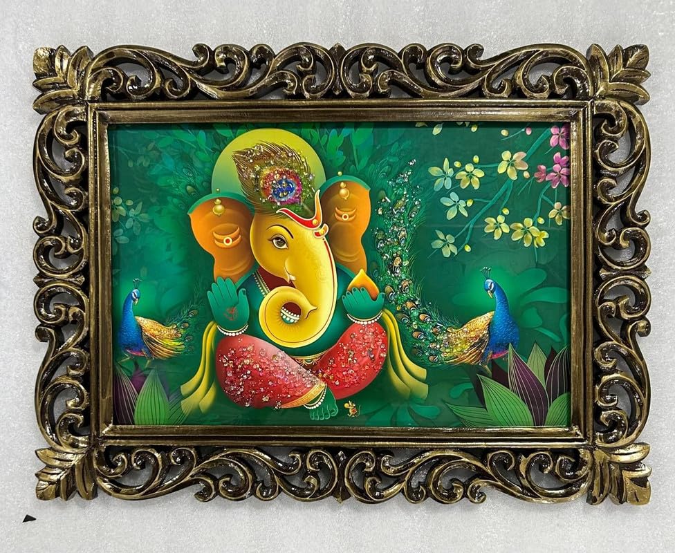 Cadre photo Ganesh plastifié anti-poussière avec grand contour bois sculpté
