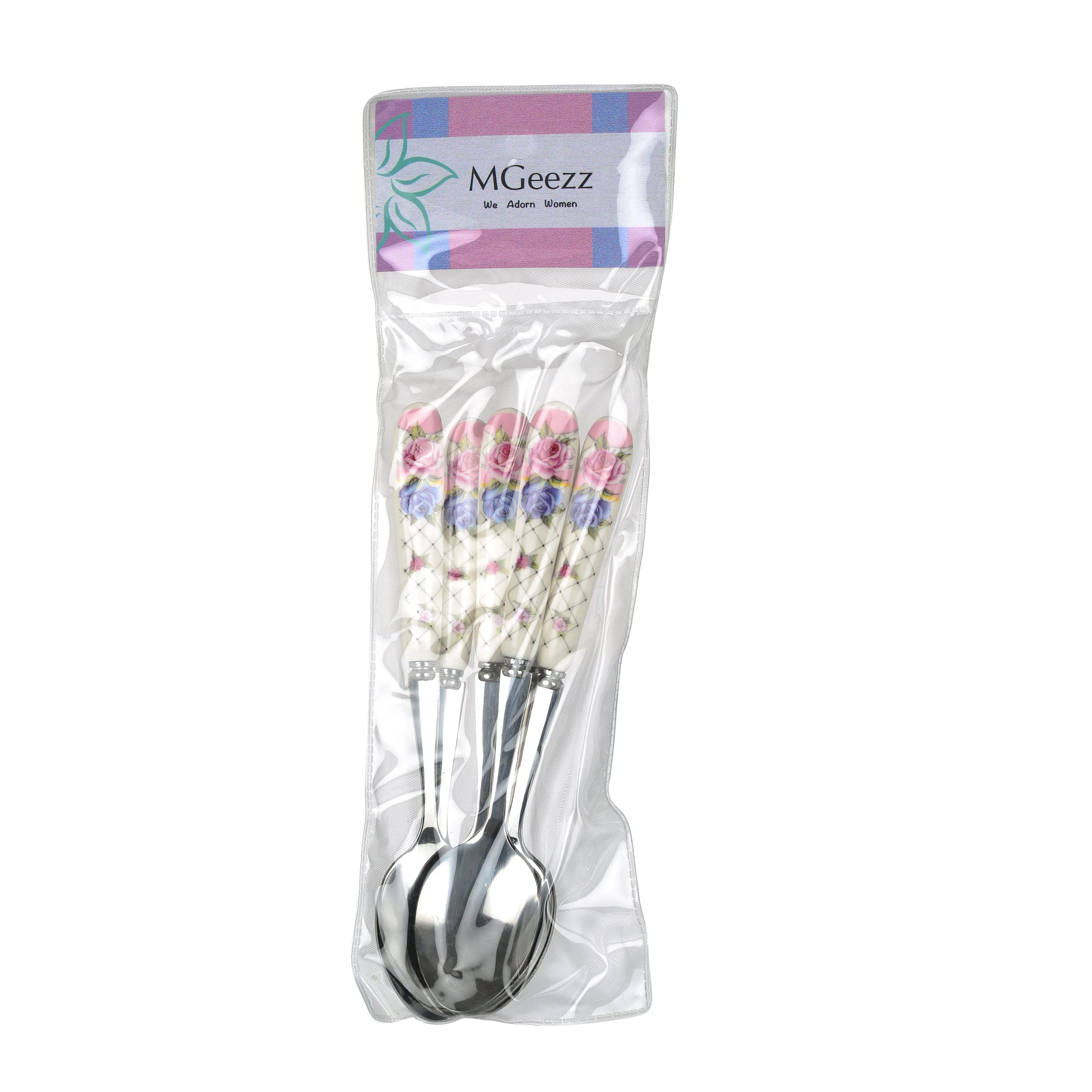MGeezz Floral Stainless Steel Spoons Set Home & Restaurant Dinner Table Spoon With Ceramic Handle Chamach (Floral Small Spoons,Set Of 6), 23 Centimeters 3