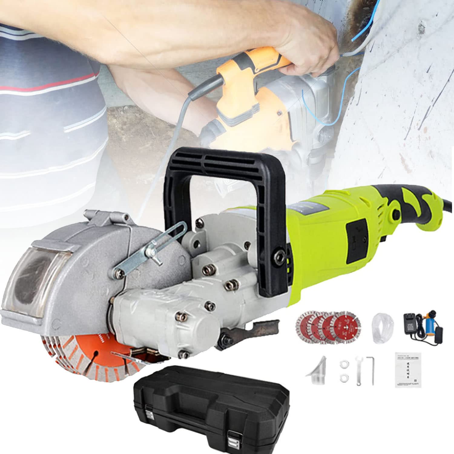 Rozadora de Ranura para la Pared, Rozadora de Pared 5200w Fresadora de Muro 7500u / Min Amoladora Eléctricas Máquina Ranurada con Discos de Corte Diamante,Grün-121MM