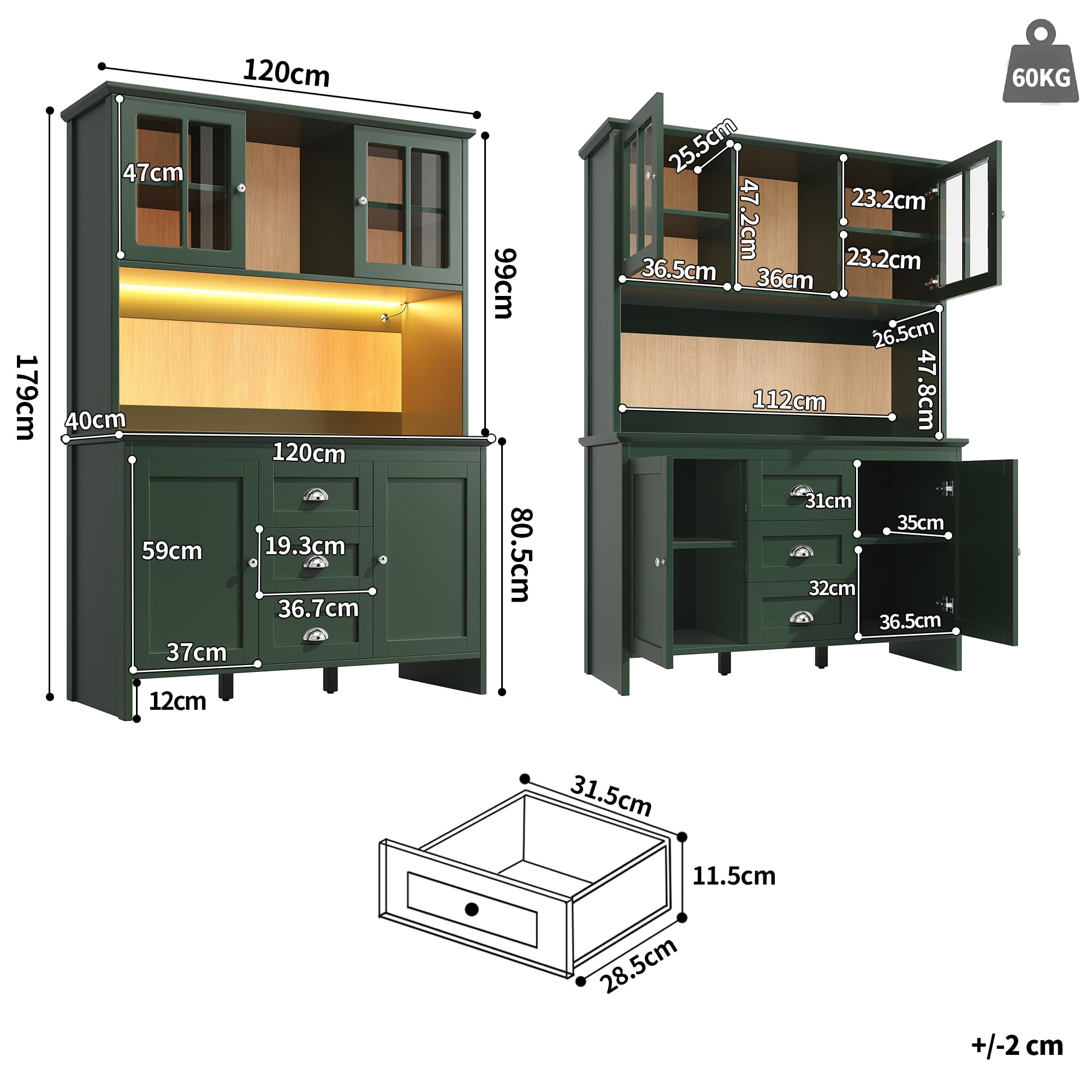 Armadio a buffet, alto da cucina, credenze, con ante in vetro marrone e illuminazione a LED, 4 ante e 3 cassetti, per cucina, sala da pranzo, 120 x 40 x 179 cm (verde)