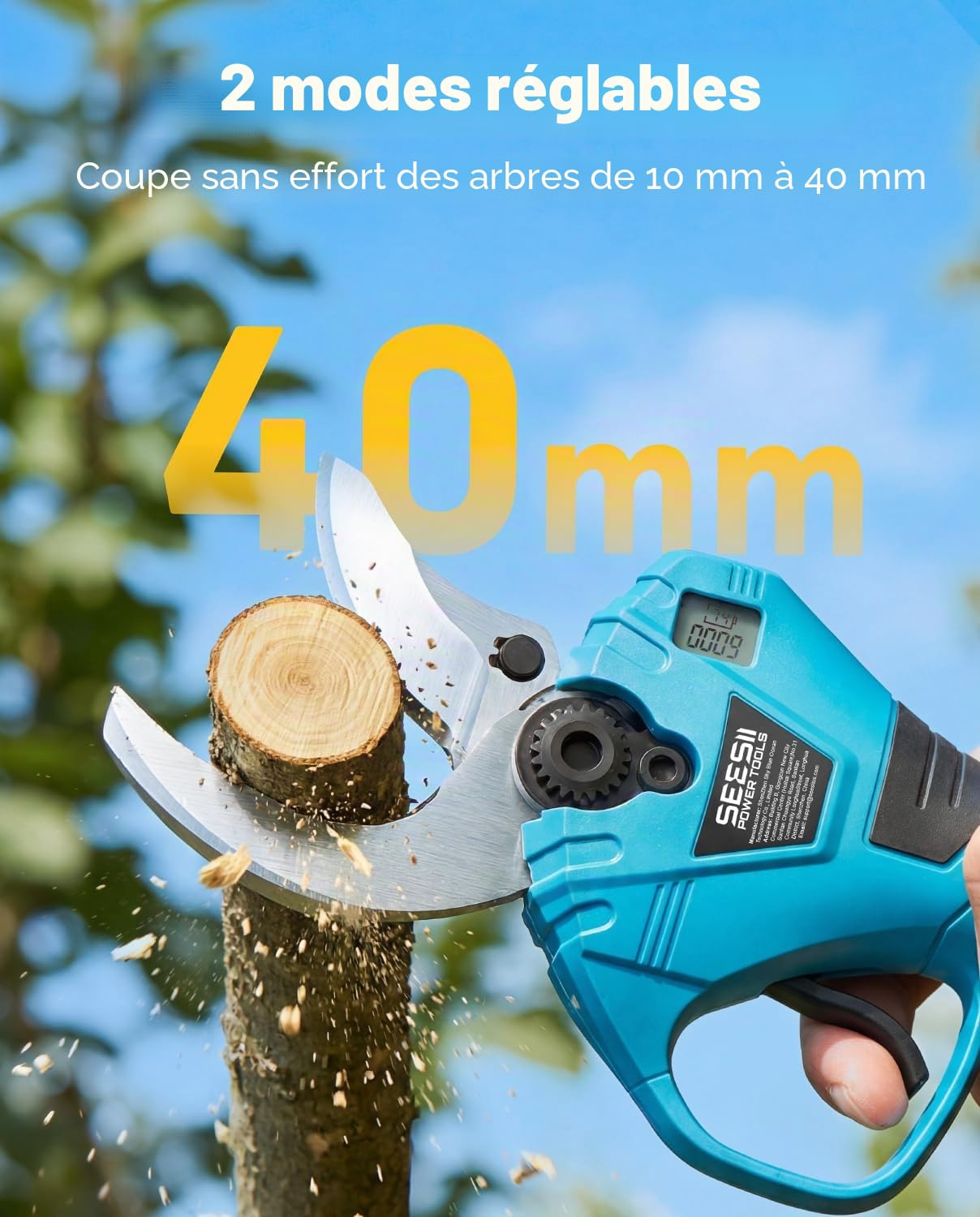 SEESII Sécateur Électrique 800W, Sécateur sans Fil avec 2 Batteries 4.0Ah, Diamètre de Coupe 40mm, Lames SK5, Sécateur à Batterie pour Jardin et Arboriculture