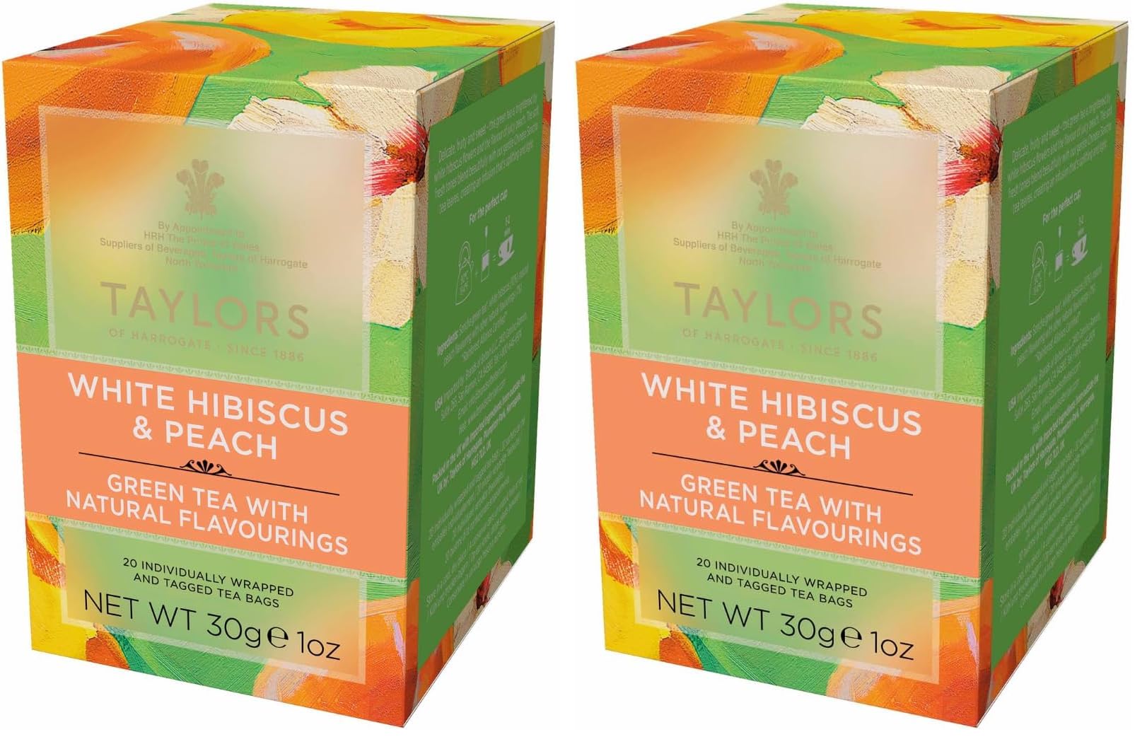White Hibiscus & Peach, Green Tea Individually Wrapped Bags,Delicate, Fruity and Sweet, Caffeinated, Enjoy Hot or Iced, 20 Teabags (Pack of 2)