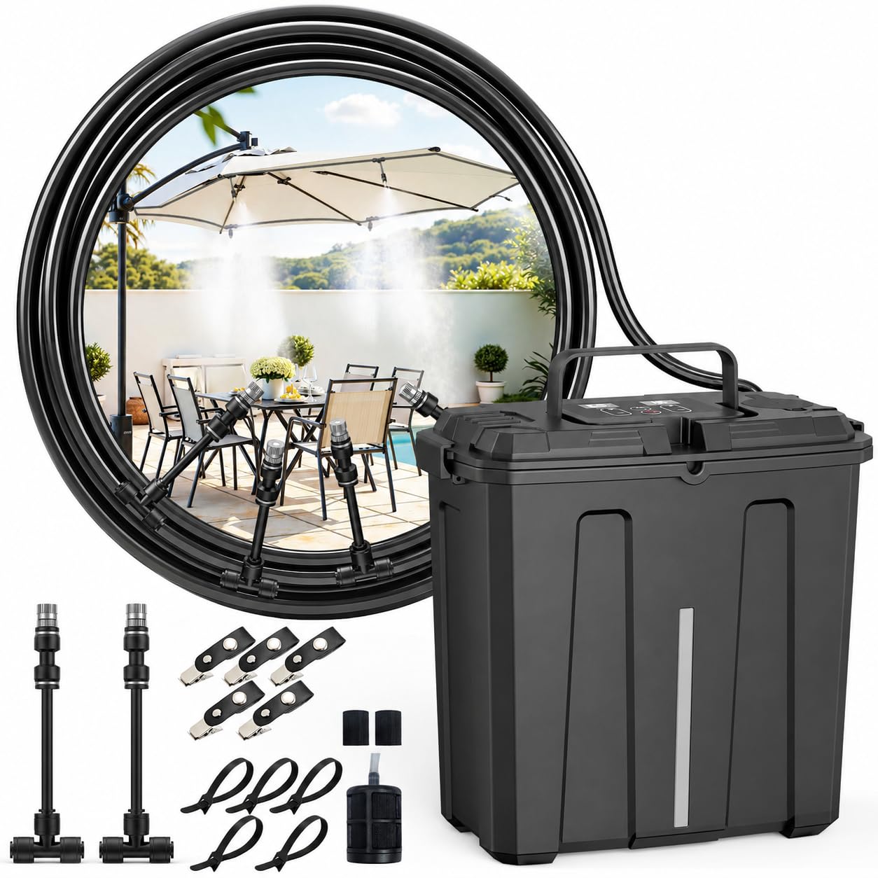 Photo 1 of Ausic Portable Misting System, Outdoor Misters for Outside Patio Cooling, 9L Bucket with Built-in 10000mAh Battery & PCS Pump, for Outdoor Sports/Patio/Umbrella/Pasture/Greenhouse/Canopy/Camping
