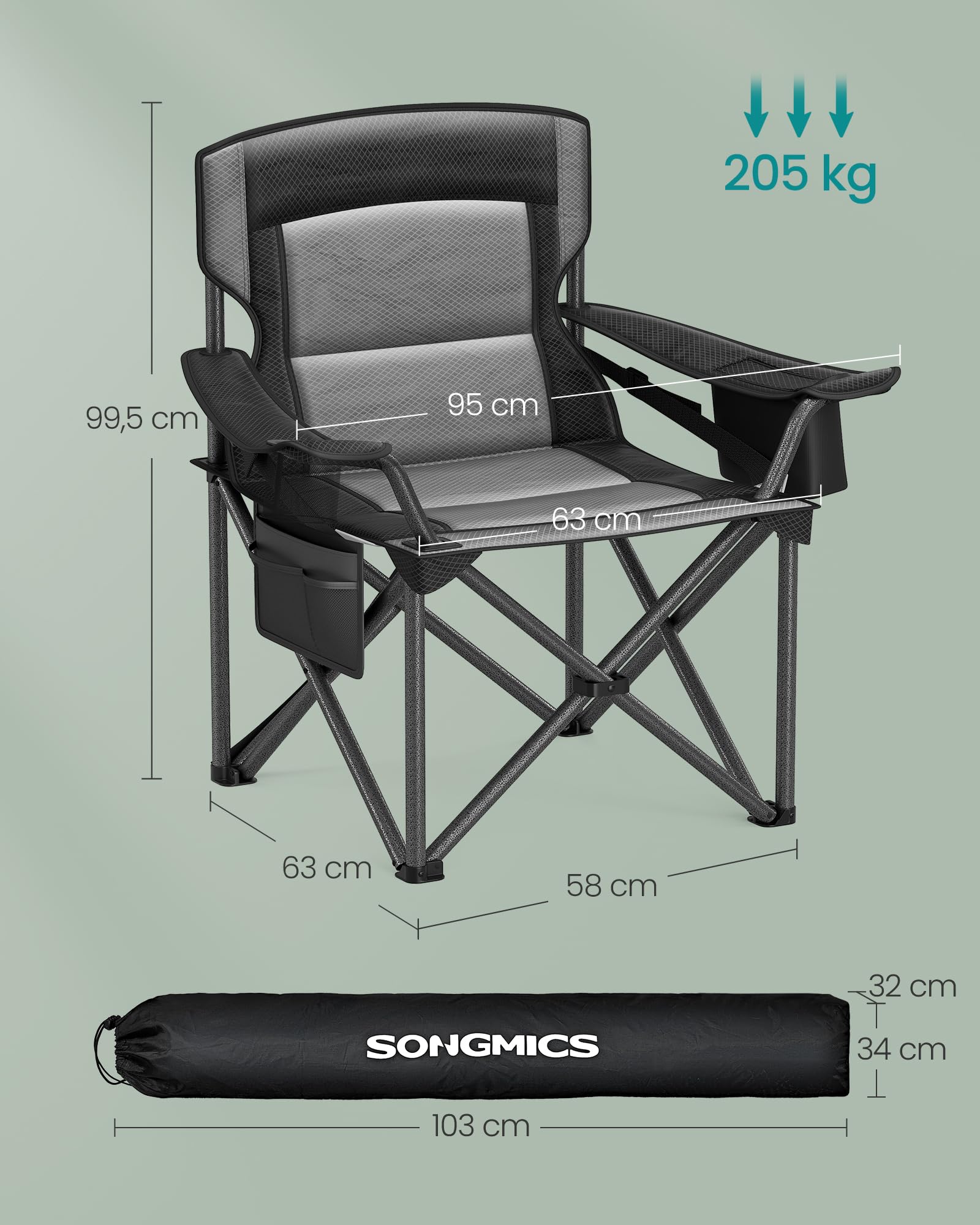 SONGMICS Campingstuhl, Klappstuhl mit Getränkehalter, Angelstuhl, Schaumstoffpolsterung, klappbar, bis 205 kg belastbar, Outdoor-Stuhl, hohe Rückenlehne