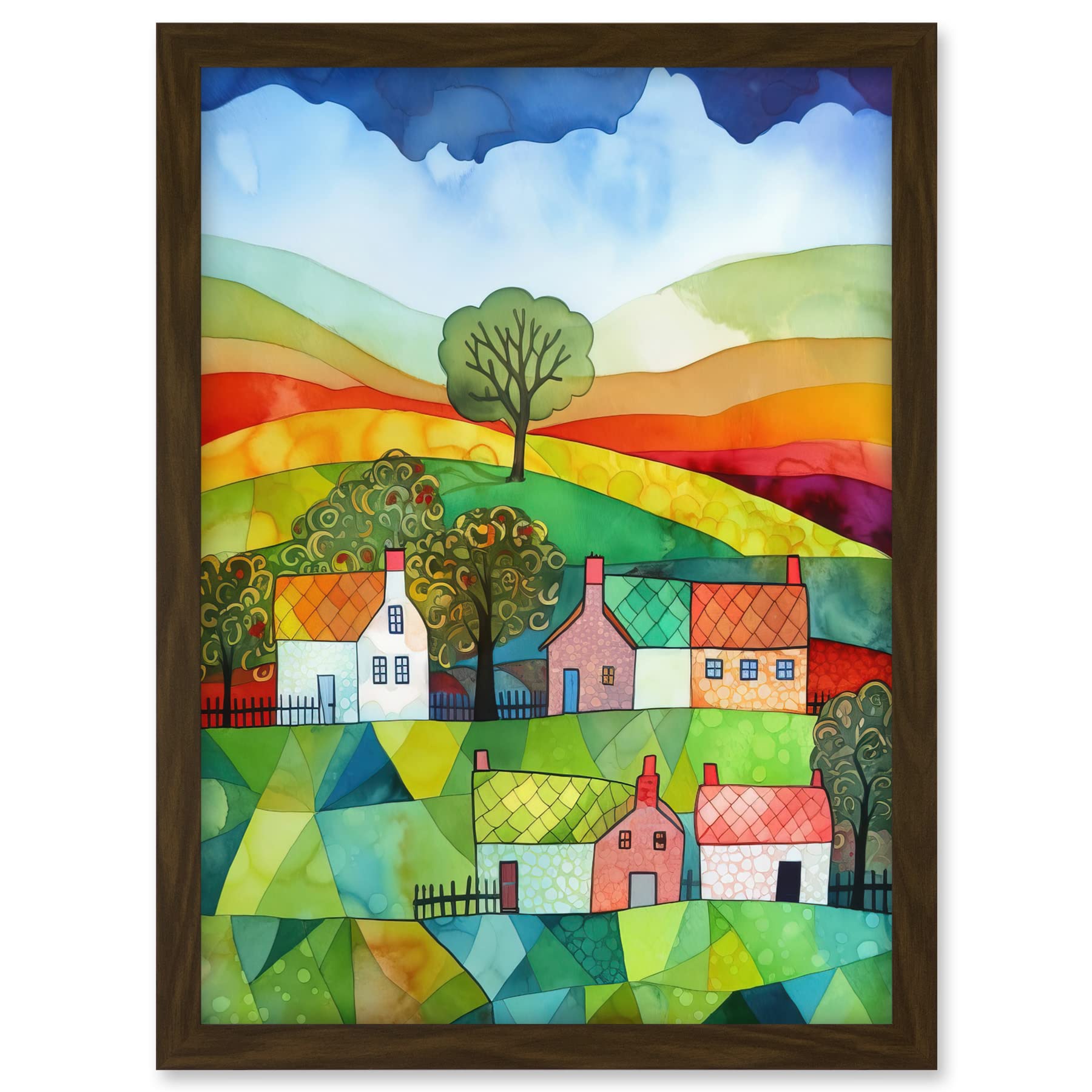 Artery8 Rural Landscape Rainbow Countryside Folk Art Watercolour Painting Artwork Framed A3 Wall Art Print