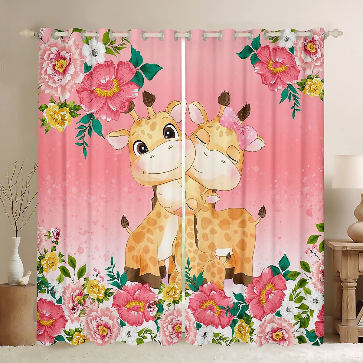 Loussiesd Cute Giraffe Curtain for Bedroom Zoo Animal Pink Darkening Window Drapes Cartoon Animal Floral Pattern Blackout CurtainsRoom Wildlife Window Treatments W46*L72 โ image 1