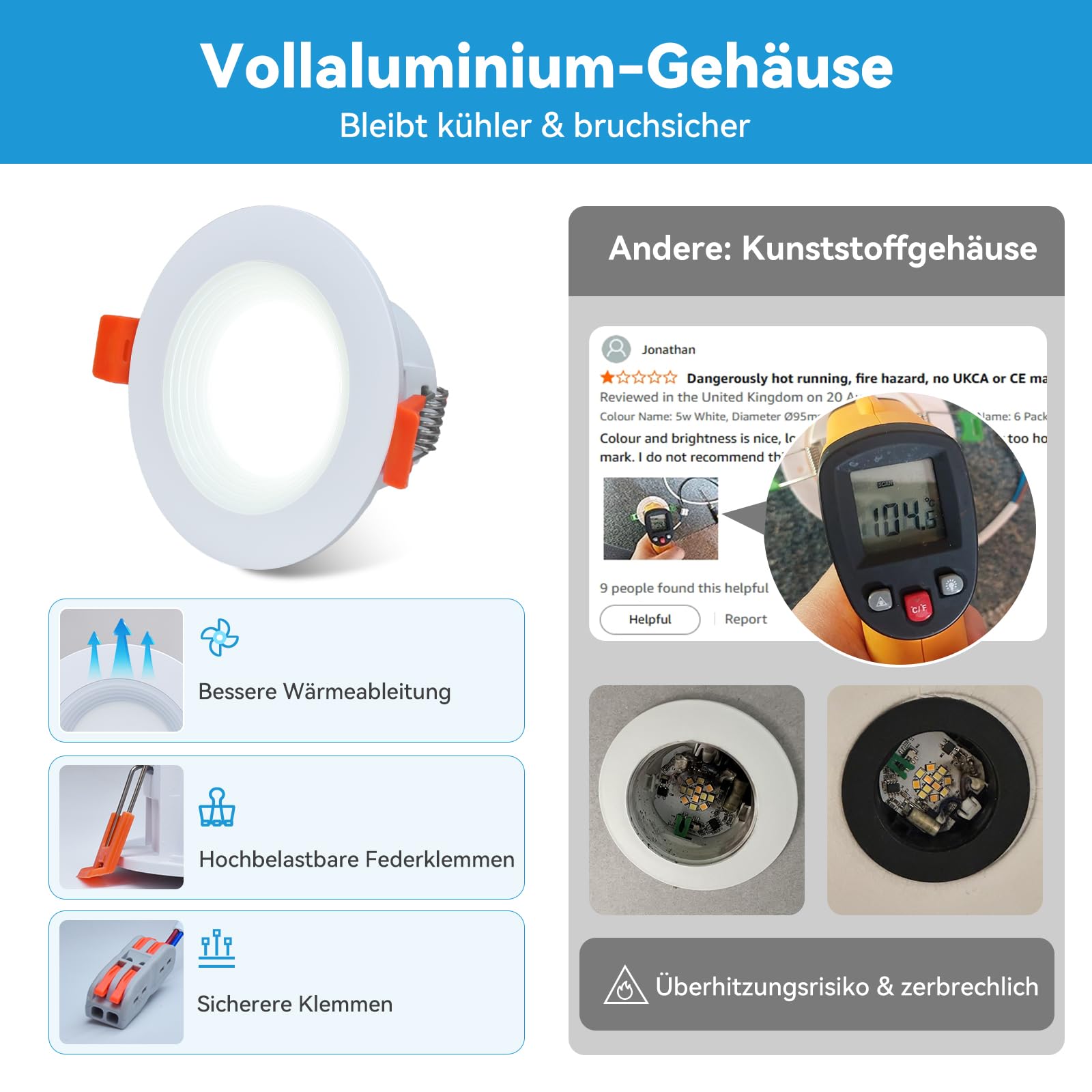 KEELED Einbaustrahler LED mit Nachtlicht, LED Spots 230v, 6W, 3000K/4000K/6000K Wählbar, Schnittloch 70-85mm, IP44, Gehäuse aus Aluminiumdruckguss, 8er Set