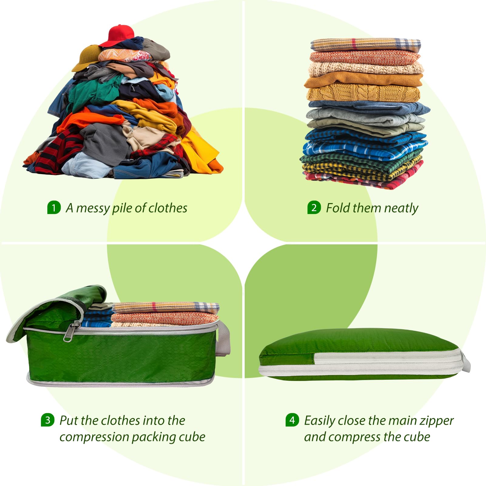 Cubi da imballaggio a compressione, ultraleggeri, espandibili, organizer per valigie, idrorepellenti, organizer da viaggio per zaino, 7 pezzi (verde)