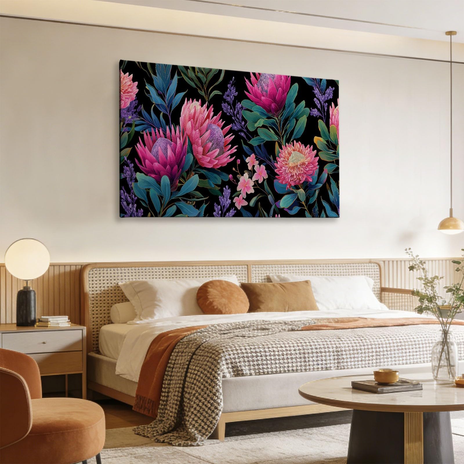 Schwarz Tropisch Botanisch Floral Blätter Modernes Leinwandbild 140L x 70B cm mit Rahmen, Viktorianisch XXL Wanddeko für Wohnzimmer Geschenk Idee Einzug - Hochwertiger Kunstdruck auf Holzrahmen