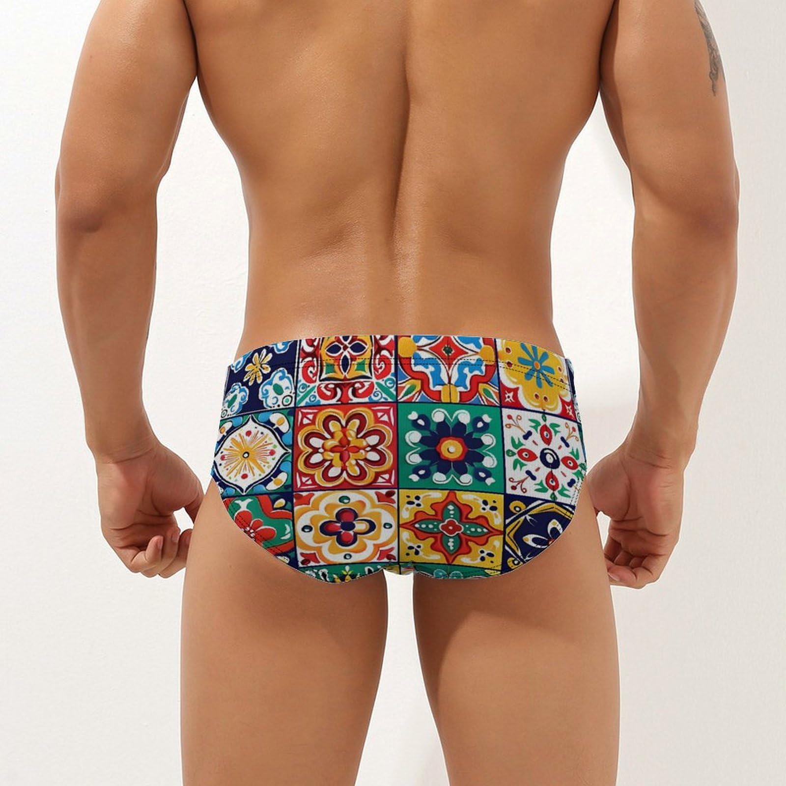 Mexican Talavera Italian Pottery Mens Swim Briefs Bikini Swimwear Print Beach Shorts Sexy Swimsuit XL